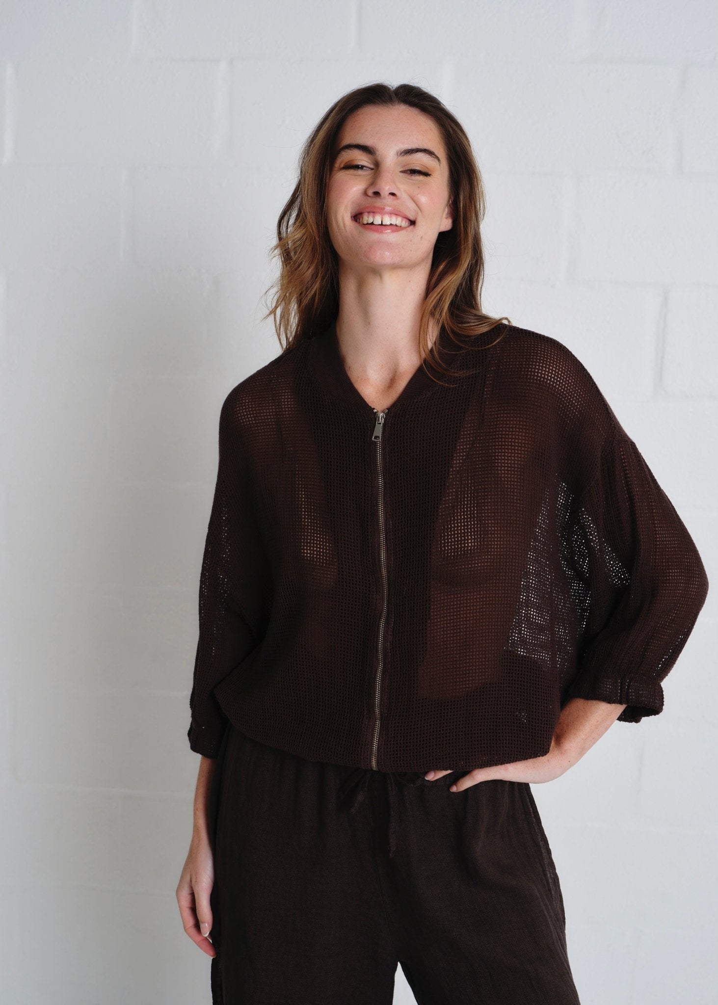 View our Saint Tropez Crochet Zip Up Jacket In Chocolate - by Tribute Store