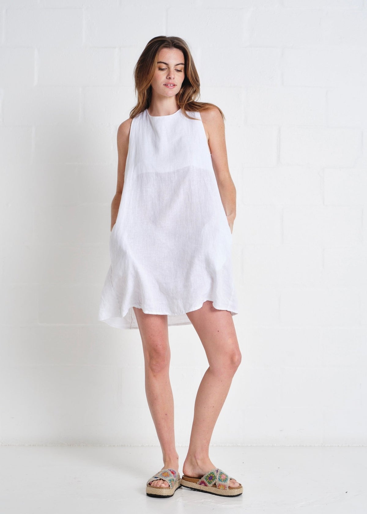 View our Saint Tropez Italian Linen Short Sleeveless Dress In White - by Tribute Store