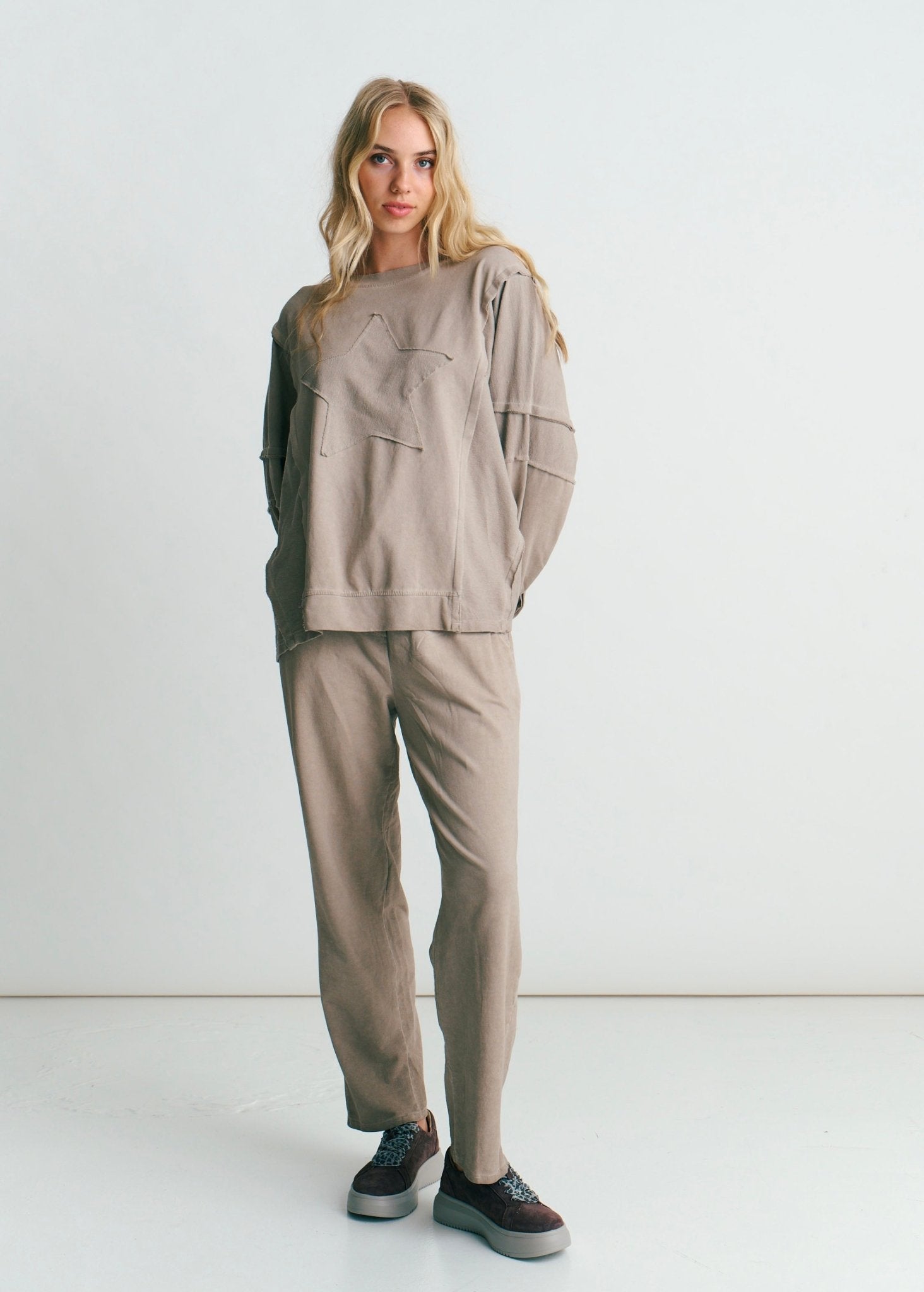 View our San Onofre Crew Neck Top With Star Print In Taupe - by Tribute Store