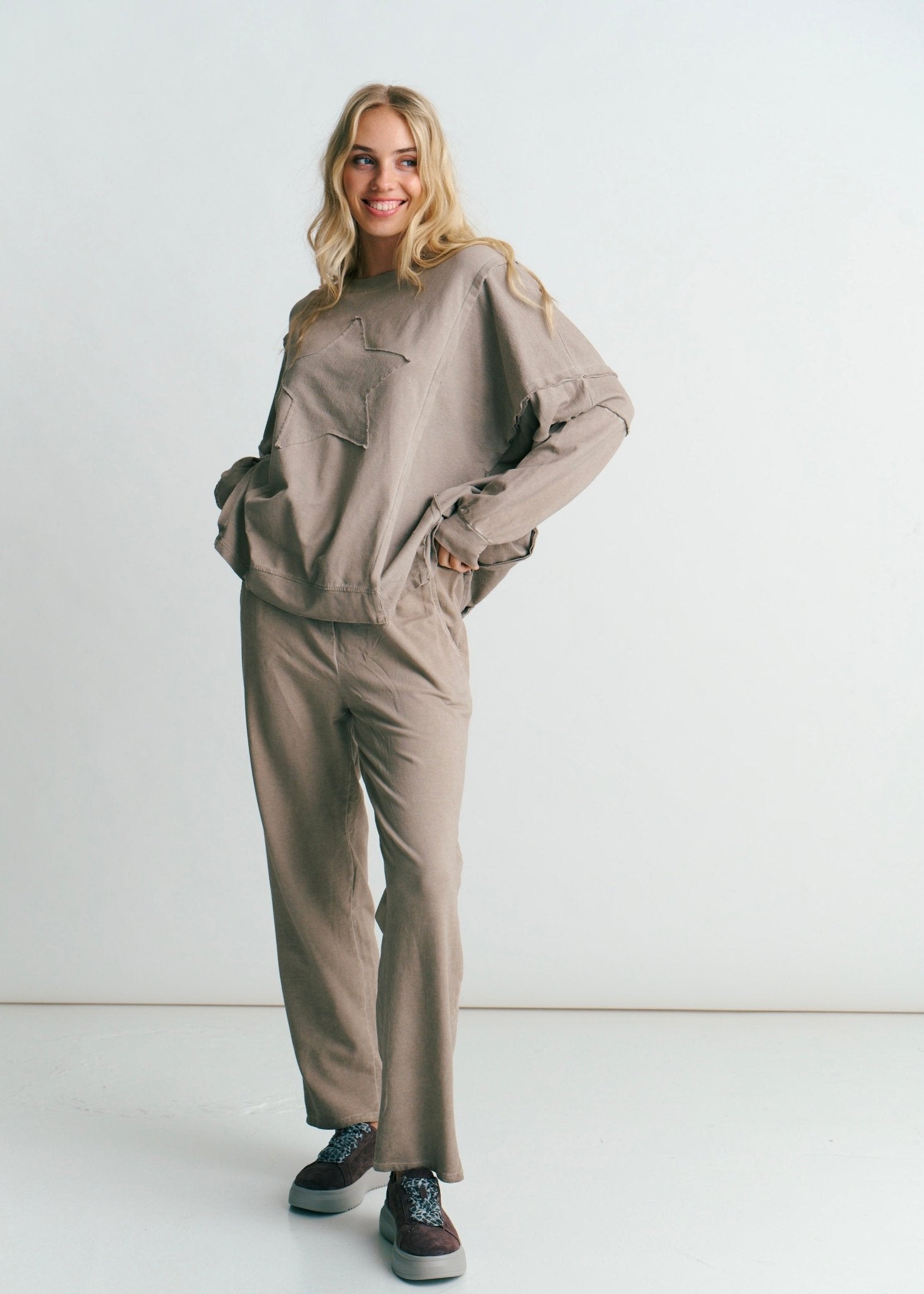 View our San Onofre Crew Neck Top With Star Print In Taupe - by Tribute Store