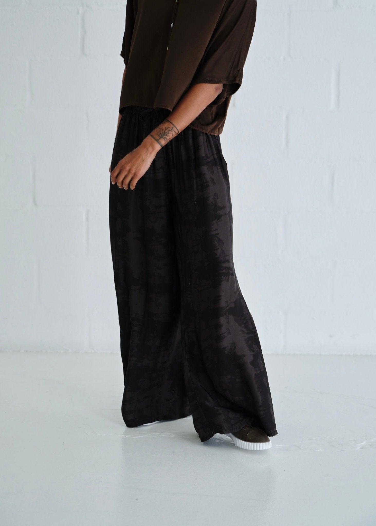 View our Satin Feel Palazzo Pants With Animal Print In Chocolate - by Tribute Store