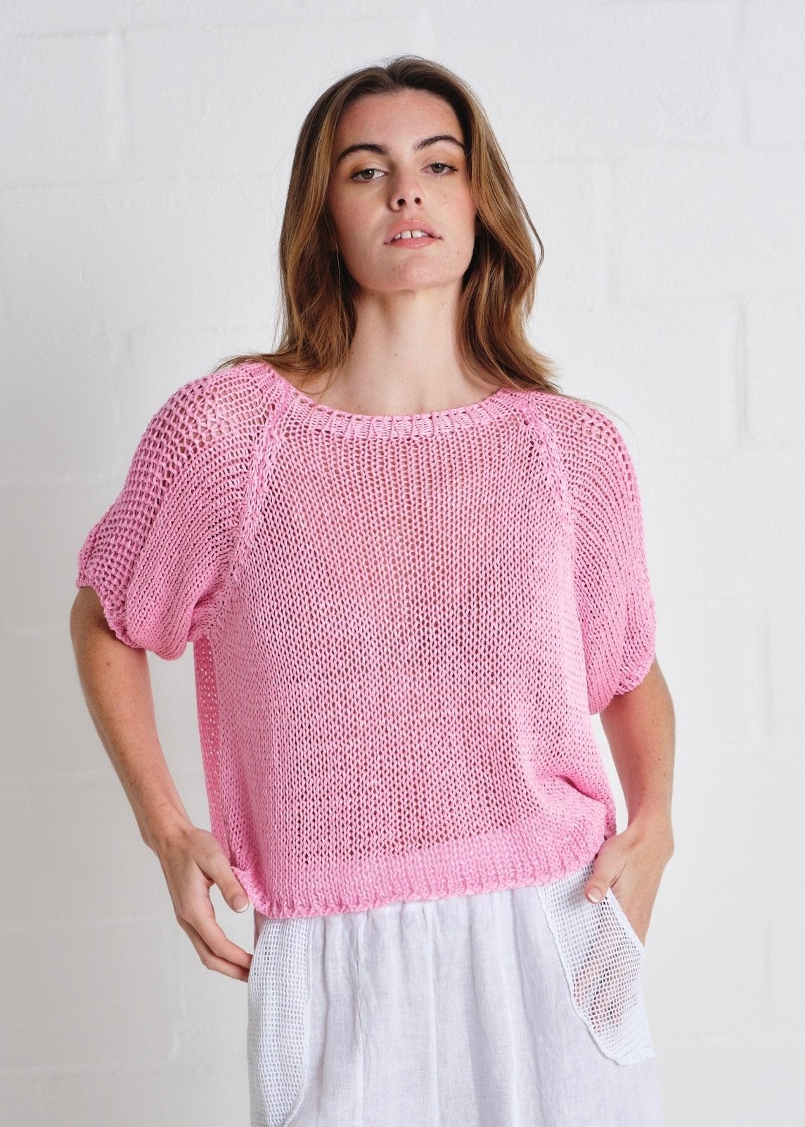 View our Sayulita Boatneck Crochet Top In Baby Pink - by Tribute Store