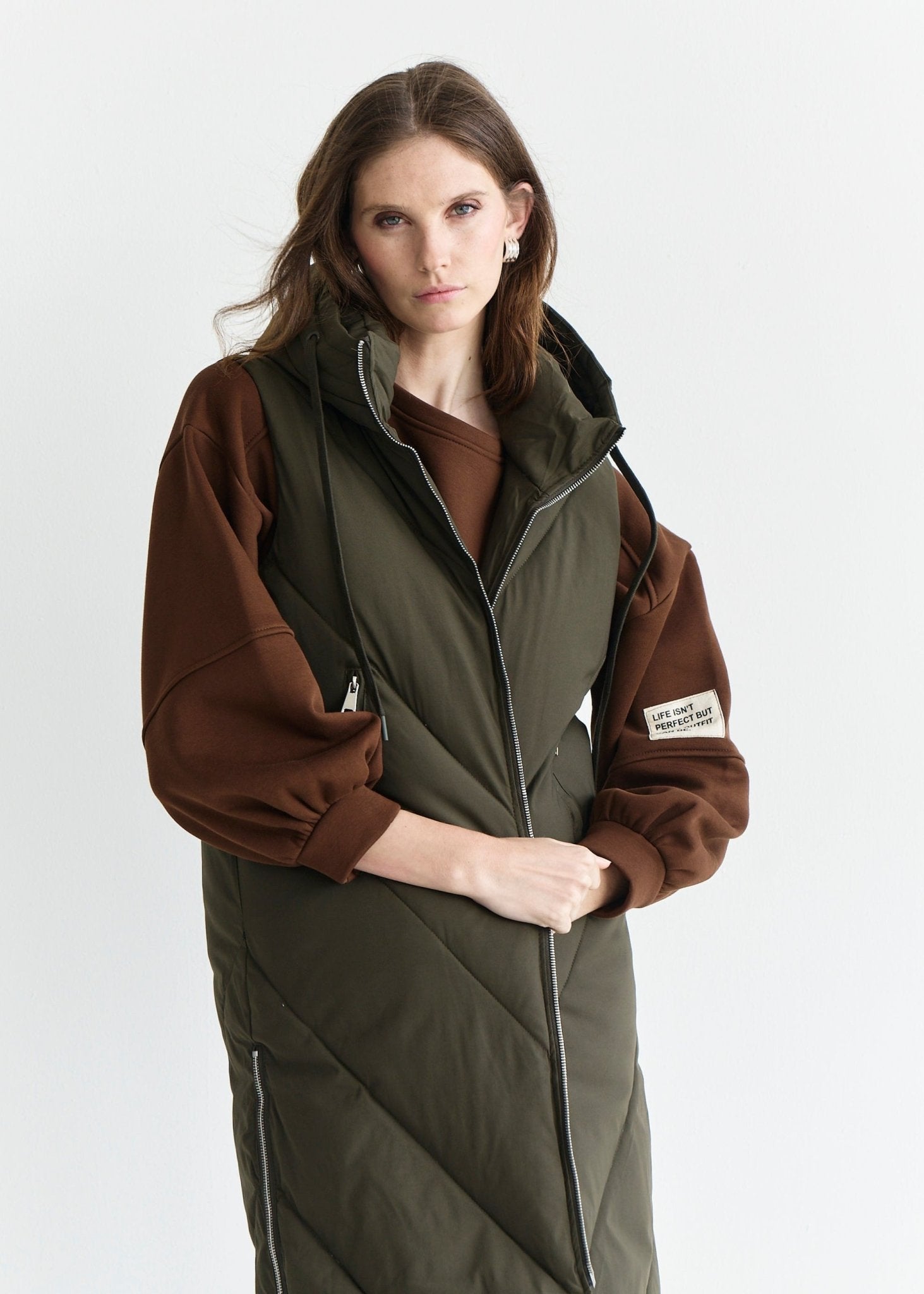 View our Scandi Sleeveless Down Feather Winter Puffer Jacket in Khaki - by Tribute Store