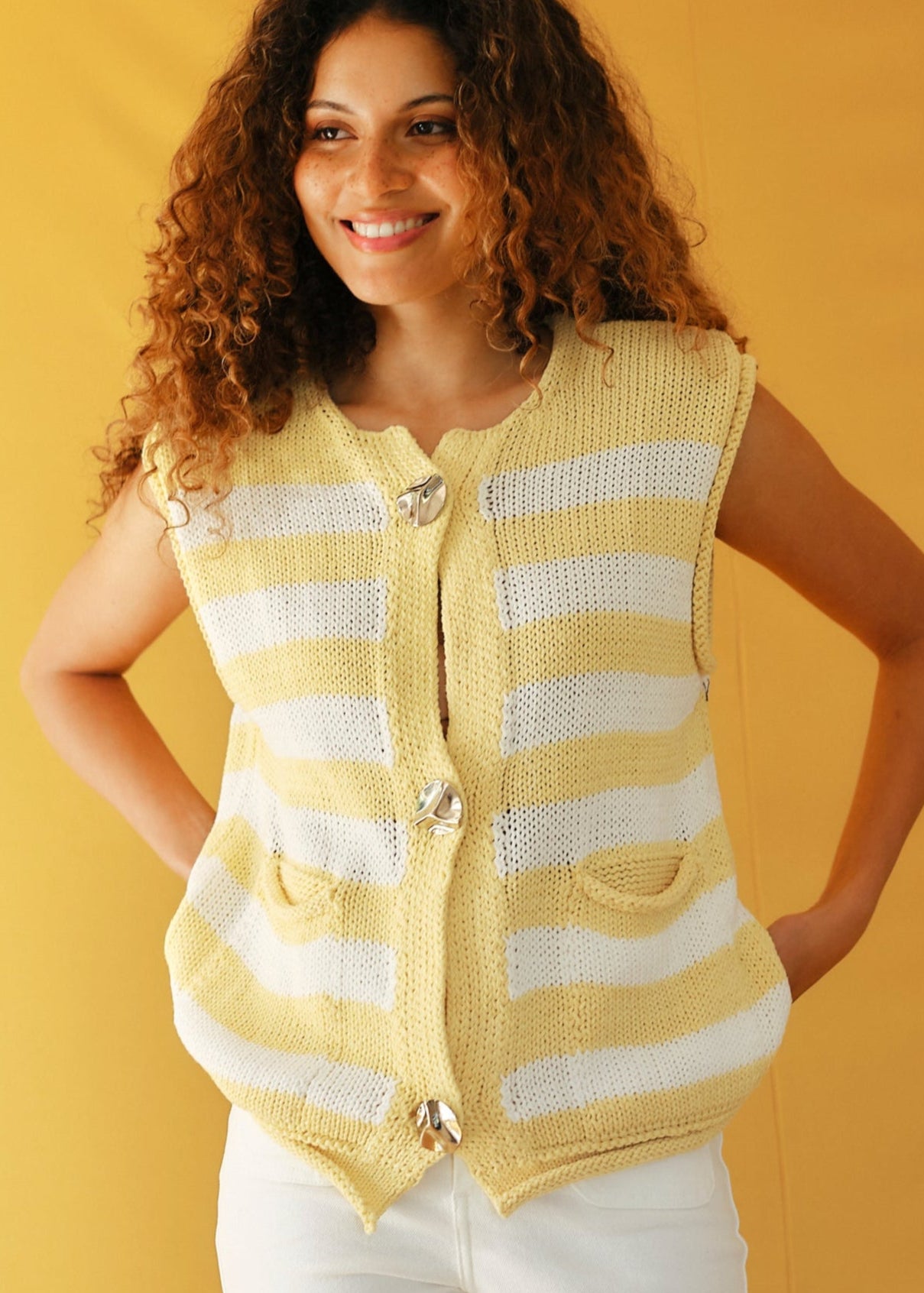 View our Selma Sleeveless Knit with Gold hardware in Yellow - by Tribute Store