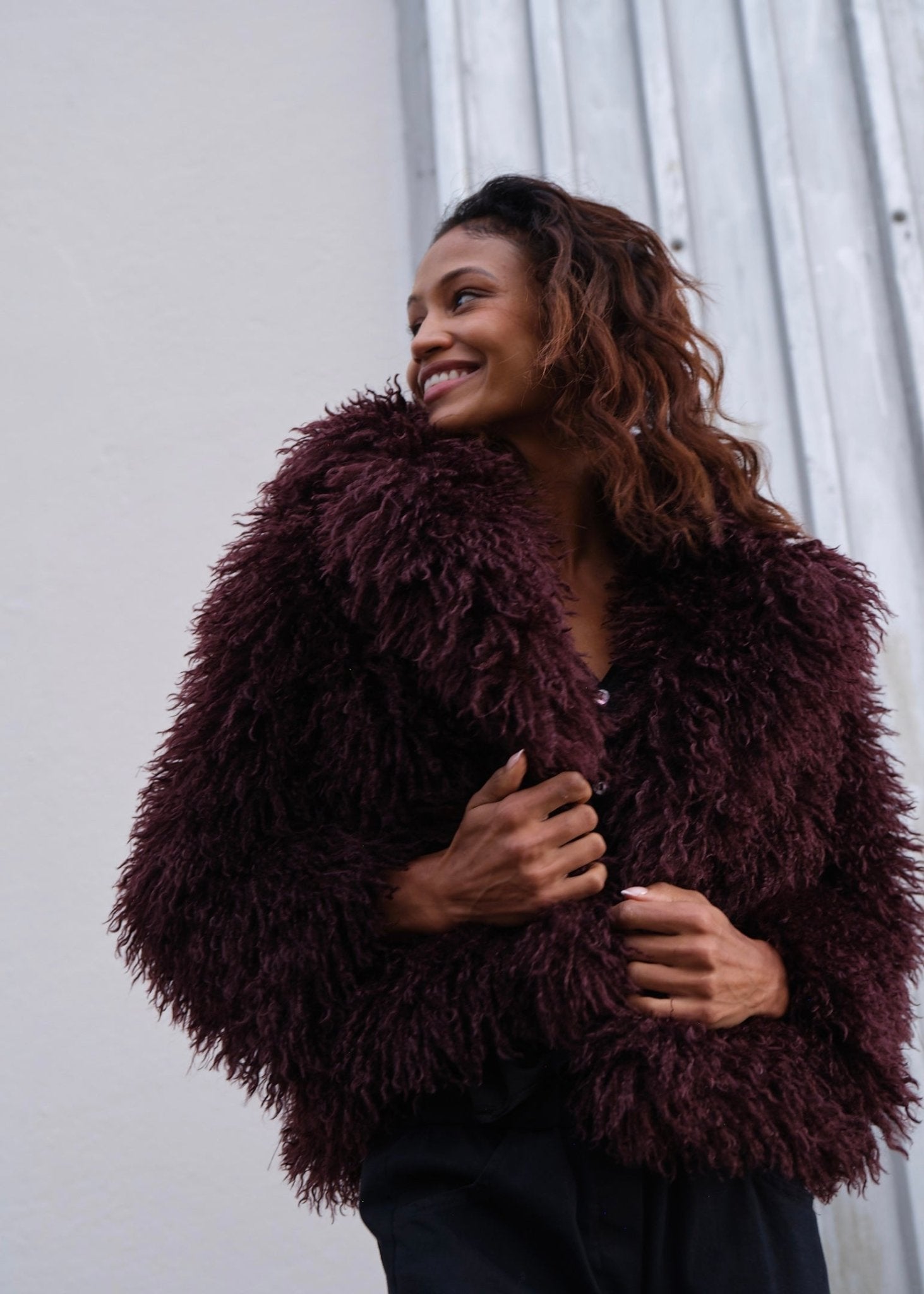 View our Shaggy Faux Fur Cropped Jacket In Burgundy - by Tribute Store