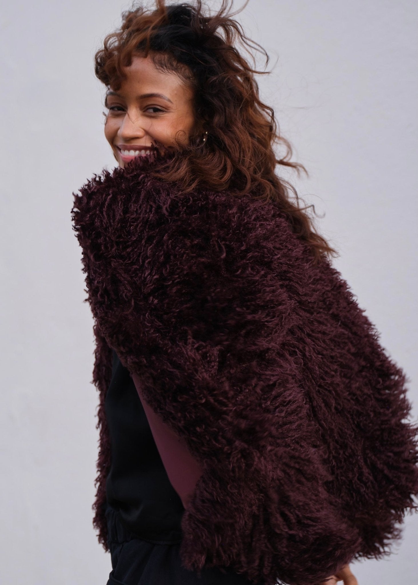 View our Shaggy Faux Fur Cropped Jacket In Burgundy - by Tribute Store