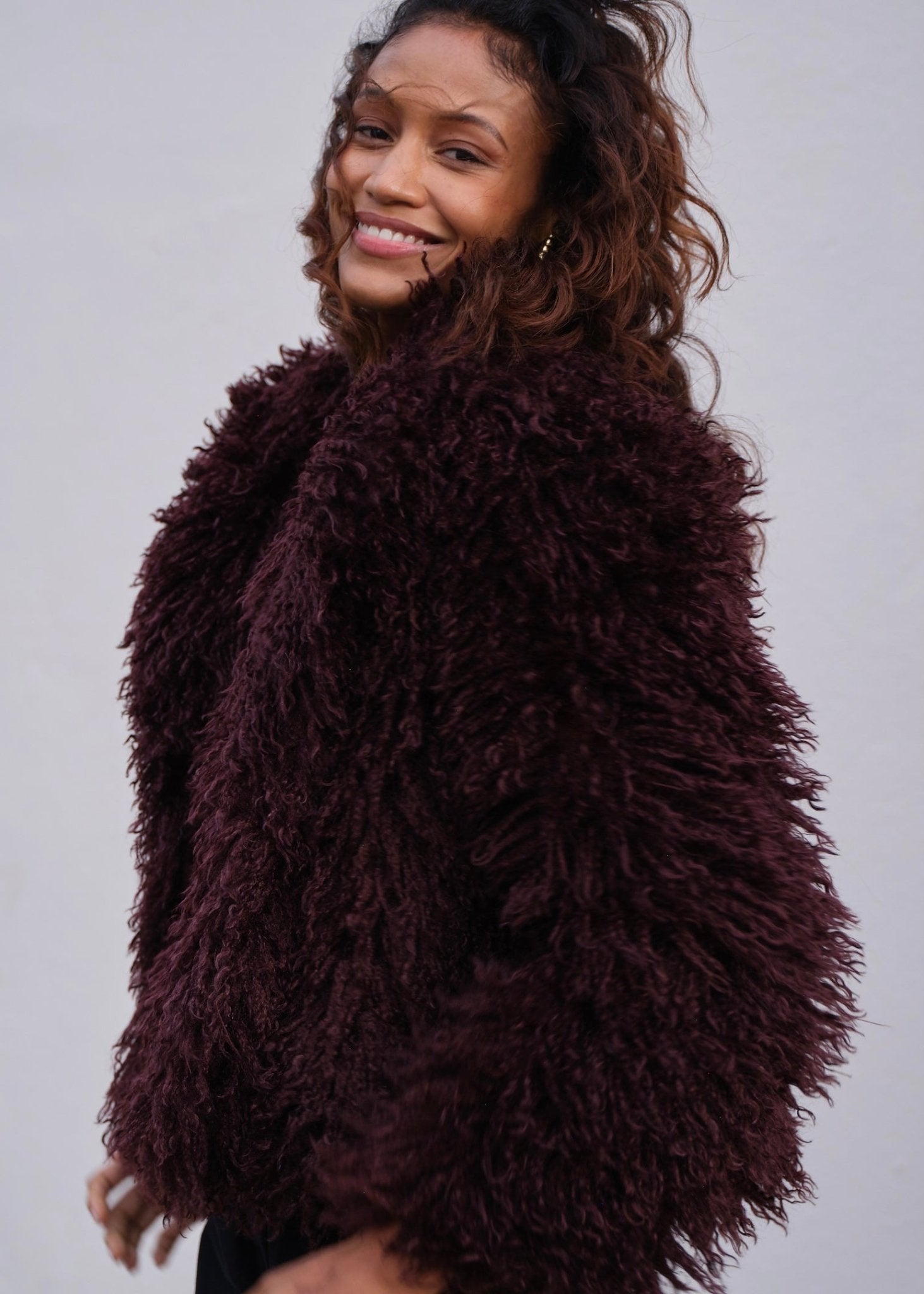 View our Shaggy Faux Fur Cropped Jacket In Burgundy - by Tribute Store