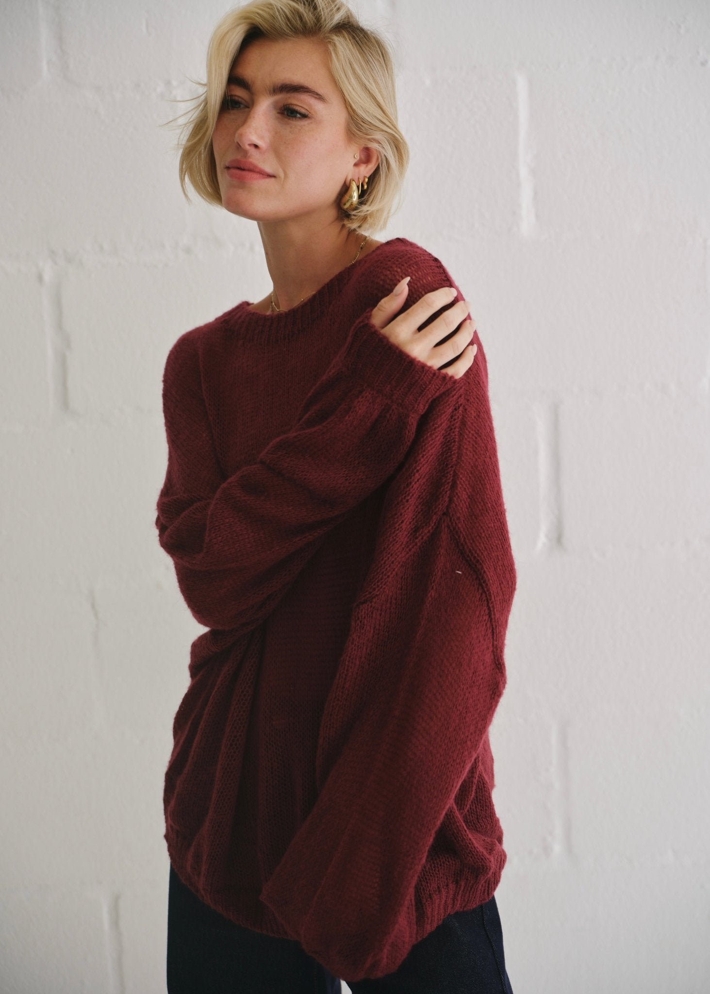 View our Sheer Knit Sweater In Burgundy - by Tribute Store
