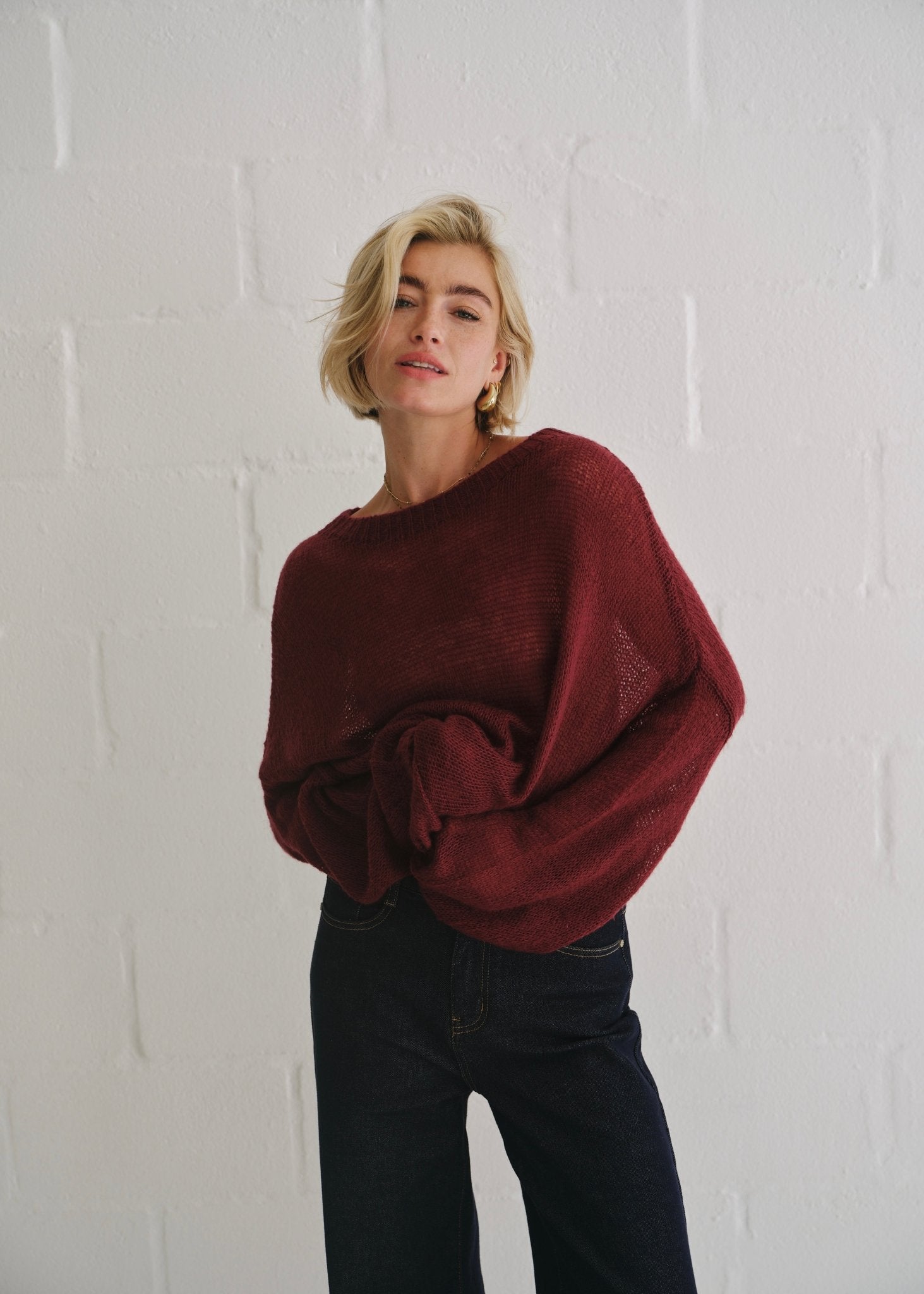 View our Sheer Knit Sweater In Burgundy - by Tribute Store