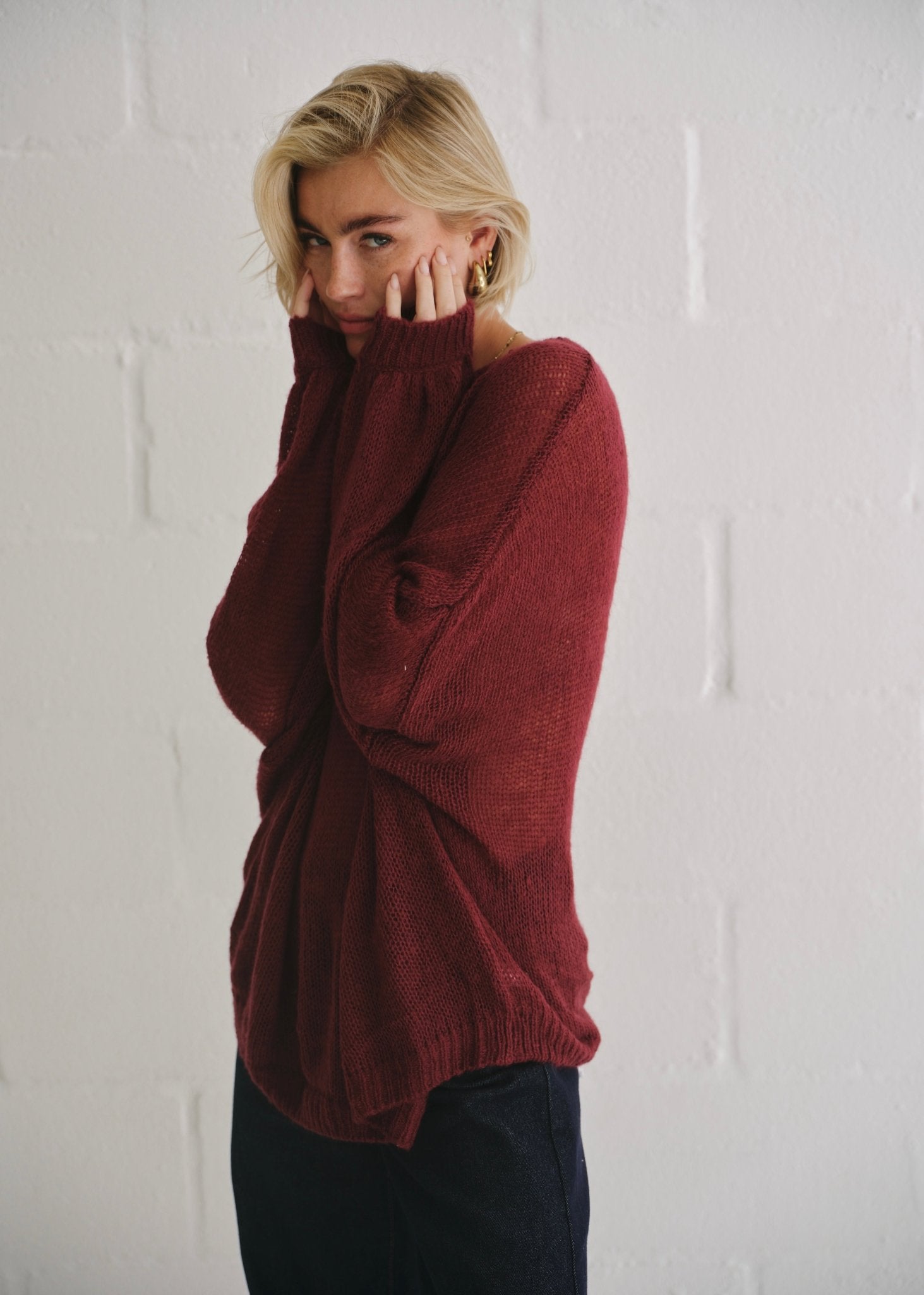 View our Sheer Knit Sweater In Burgundy - by Tribute Store