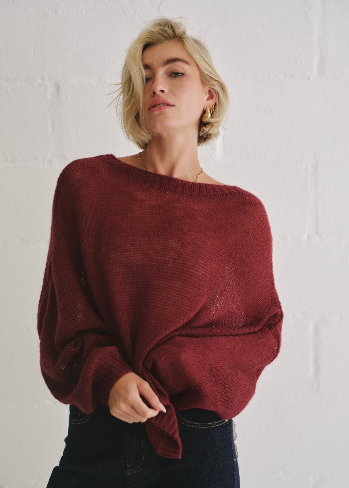 View our Sheer Knit Sweater In Burgundy - by Tribute Store