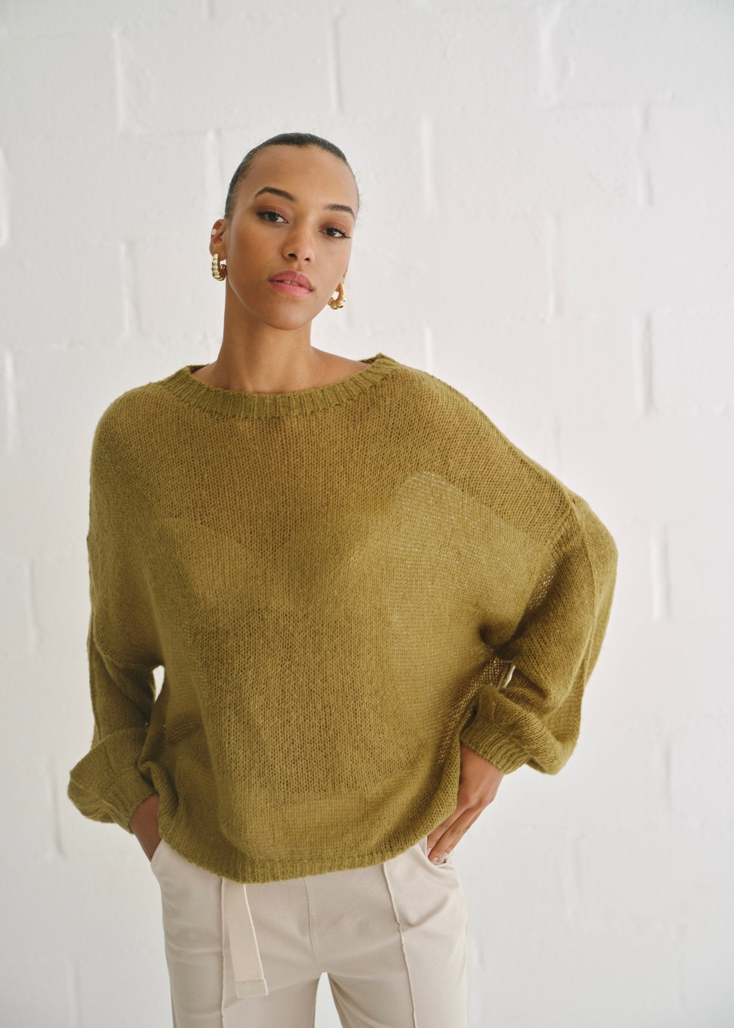 View our Sheer Knit Sweater In Olive - by Tribute Store