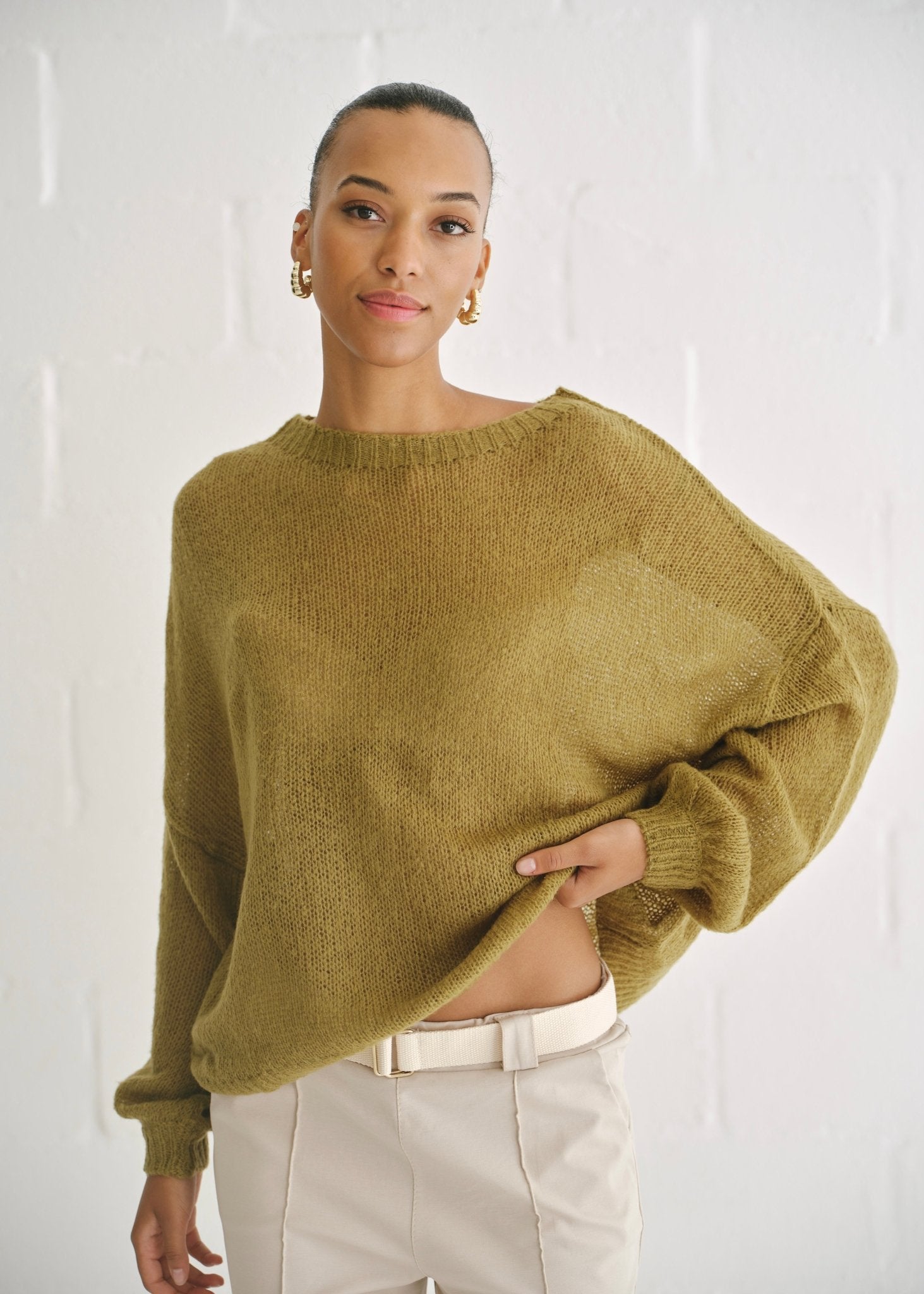 View our Sheer Knit Sweater In Olive - by Tribute Store