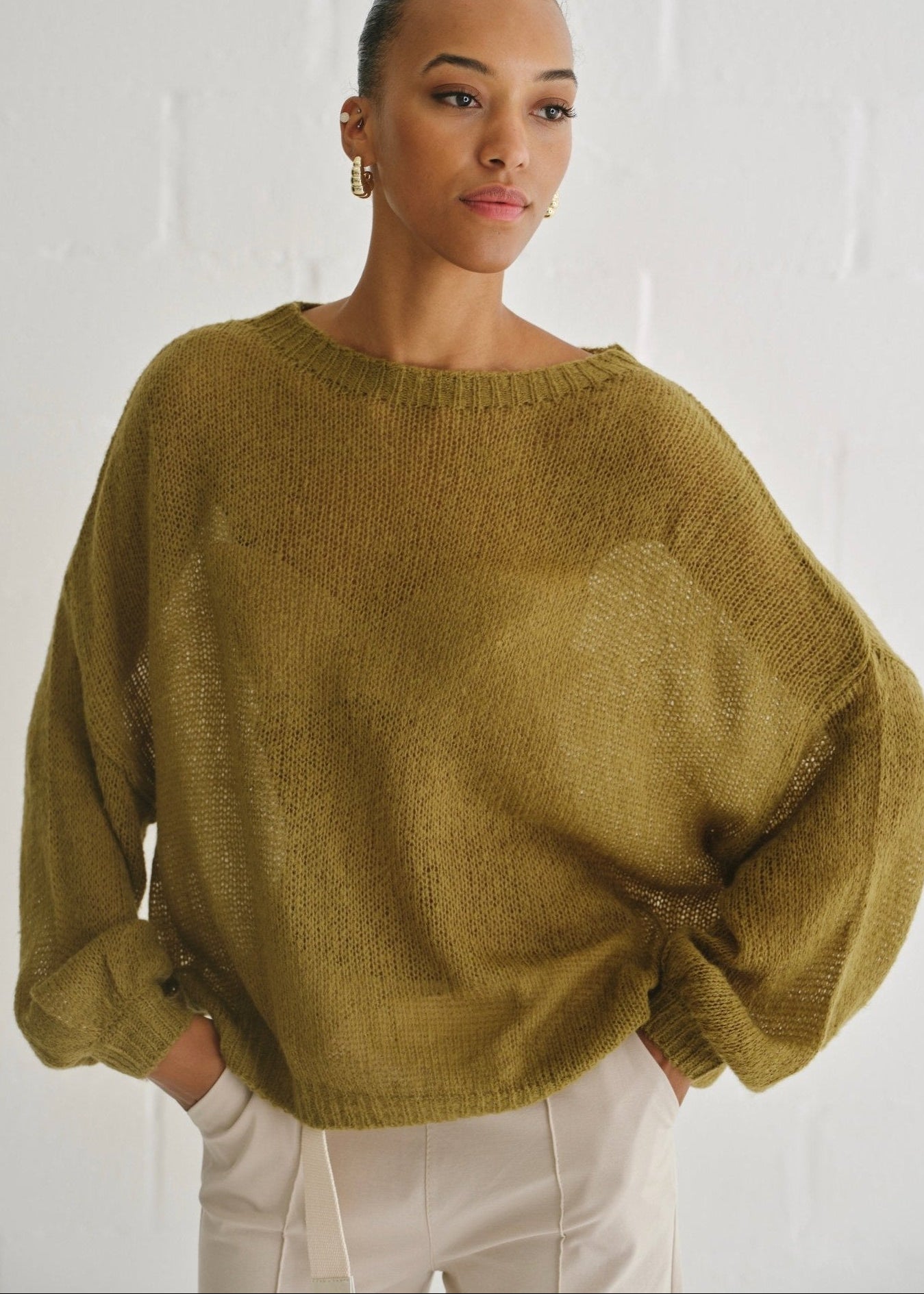 View our Sheer Knit Sweater In Olive - by Tribute Store