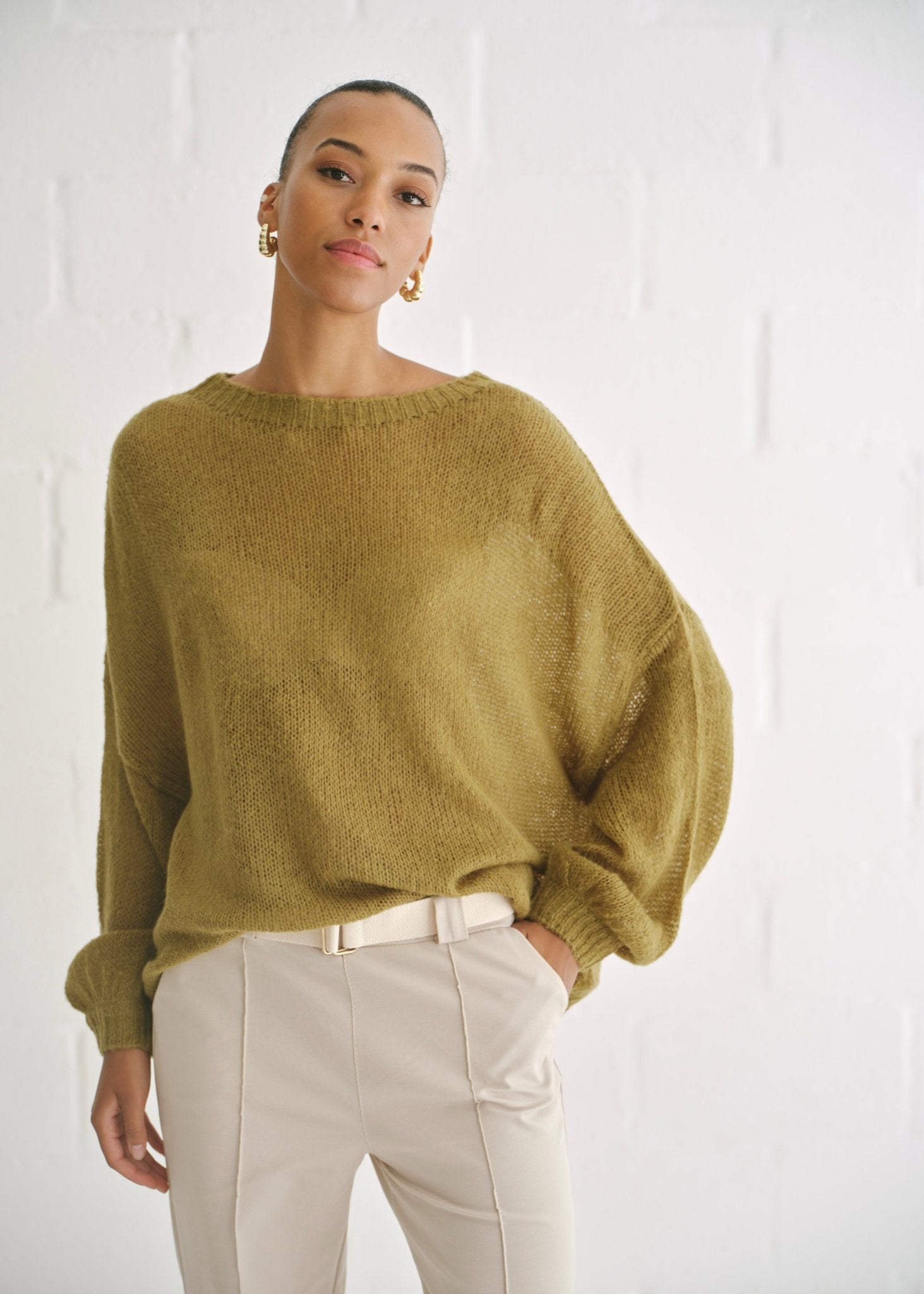 View our Sheer Knit Sweater In Olive - by Tribute Store