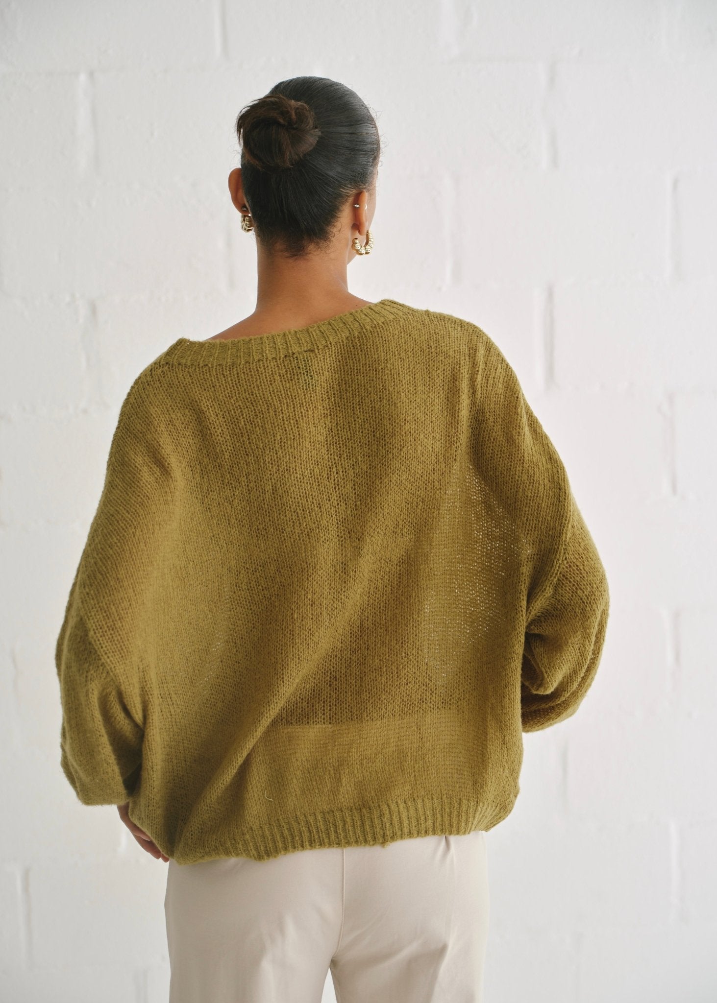 View our Sheer Knit Sweater In Olive - by Tribute Store