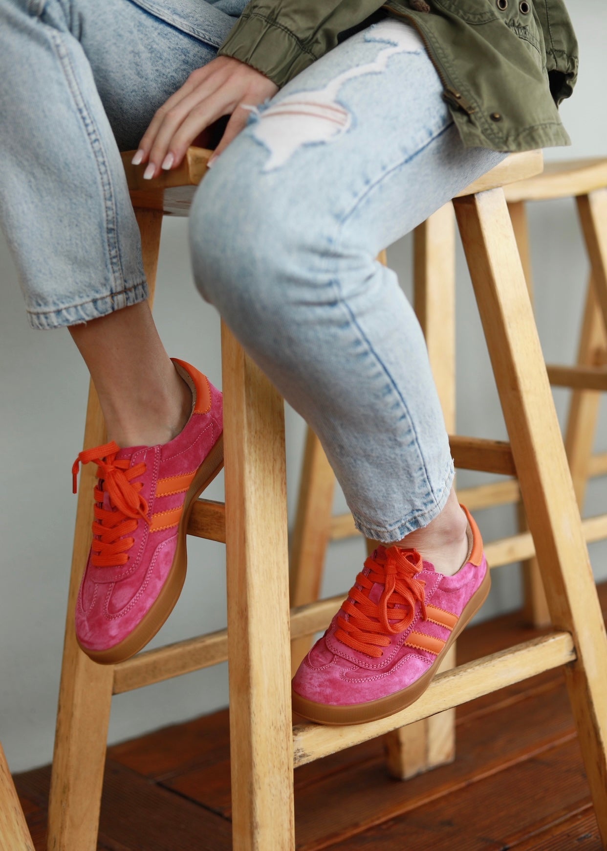 View our Shiloh Leather Sneaker In Fuchsia & Orange - by Tribute Store