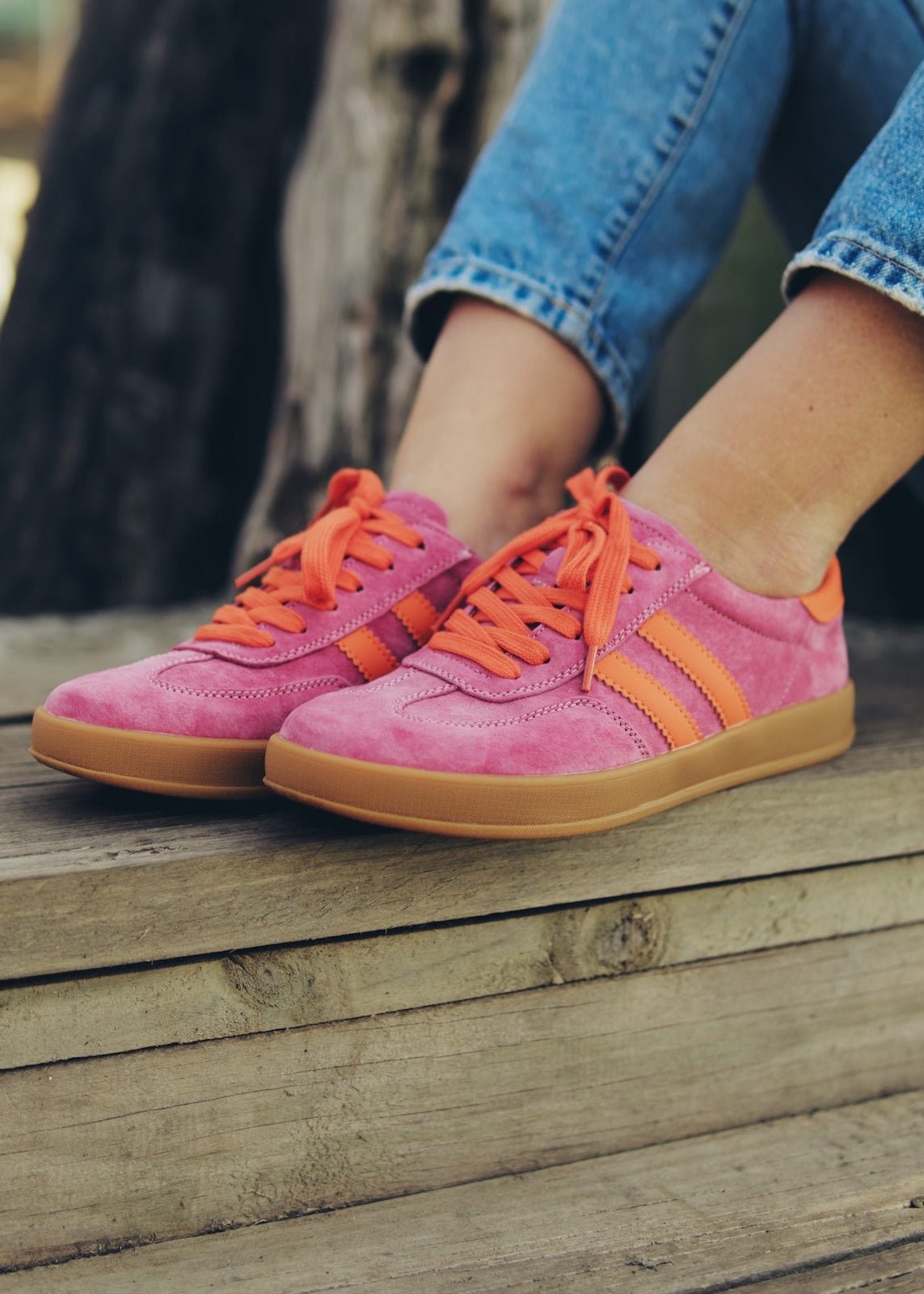 View our Shiloh Leather Sneaker In Fuchsia & Orange - by Tribute Store