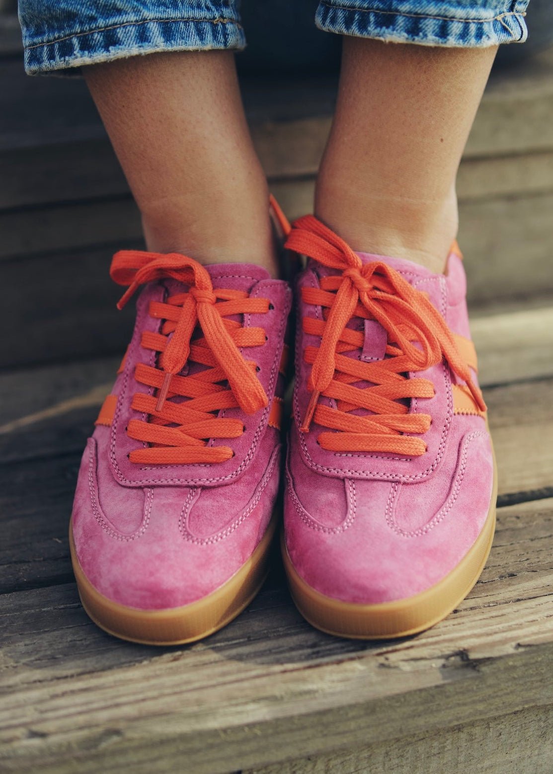 View our Shiloh Leather Sneaker In Fuchsia & Orange - by Tribute Store