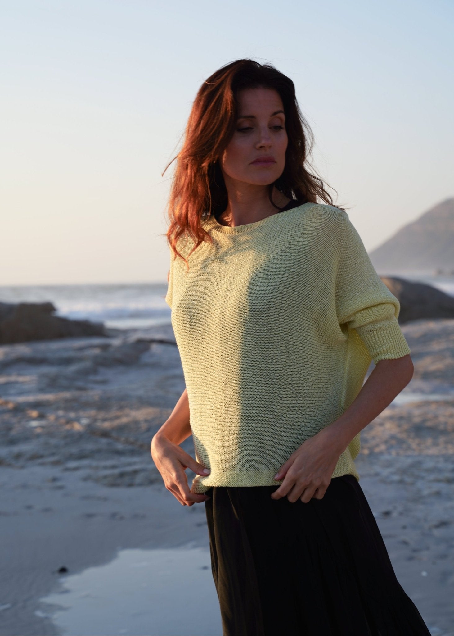 View our Sienna Italian Batwing Knit with Shimmer In Butter Yellow - by Tribute Store