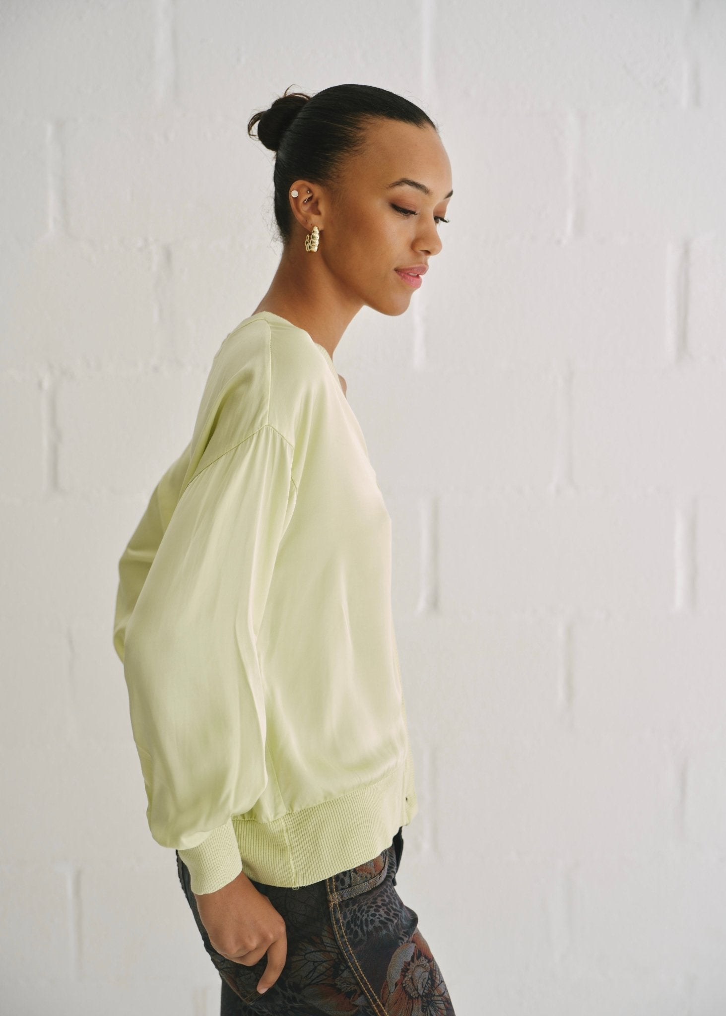 View our Sintra Italian Satin Cardigan In Chartreuse - by Tribute Store
