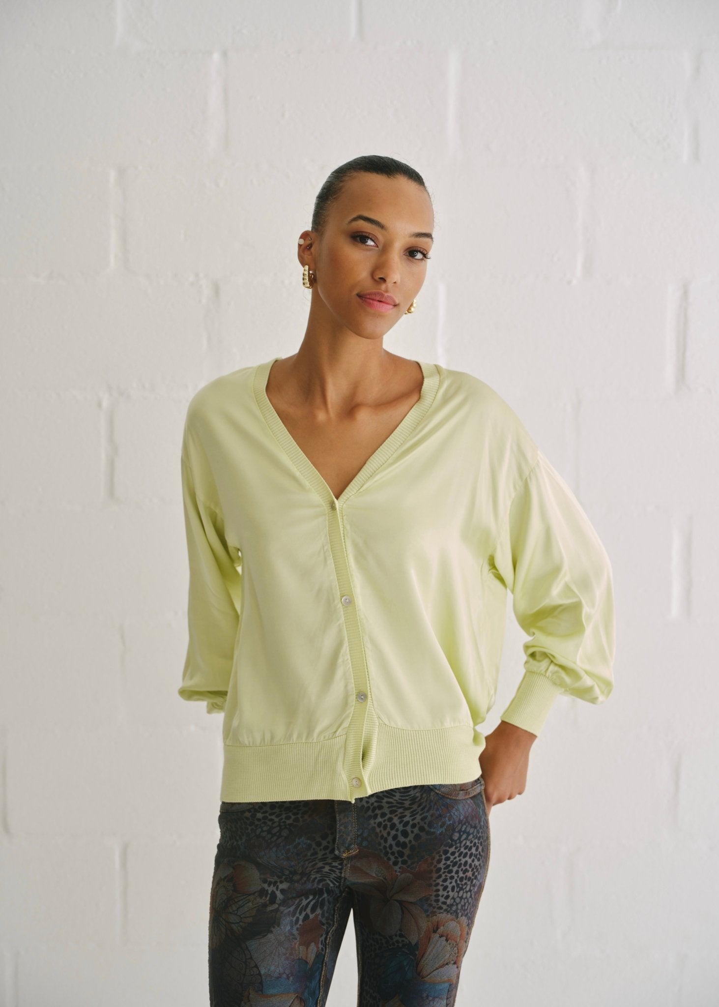 View our Sintra Italian Satin Cardigan In Chartreuse - by Tribute Store