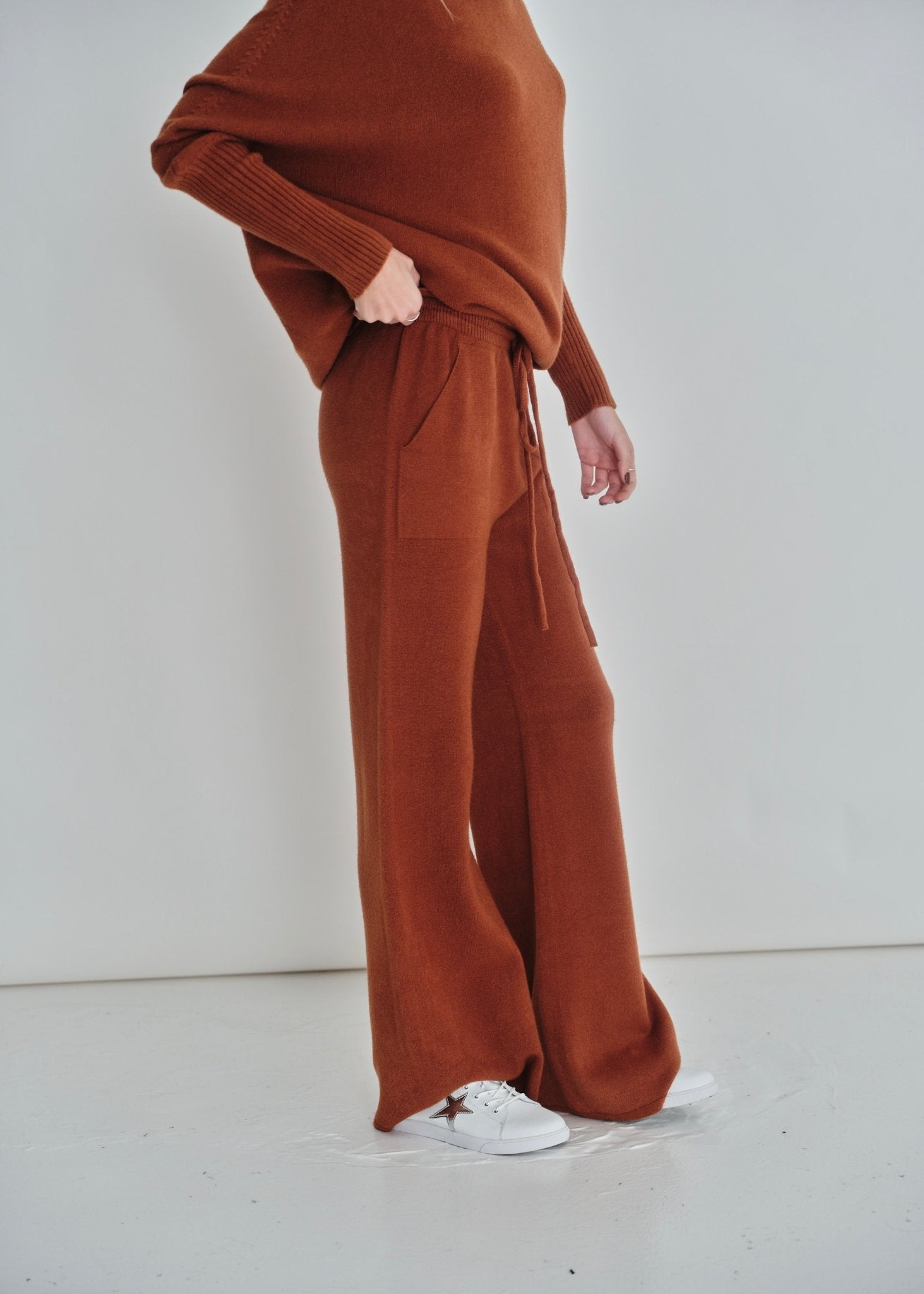 View our Sofia Italian Knitted Palazzo Knit Pants In Tobacco - by Tribute Store