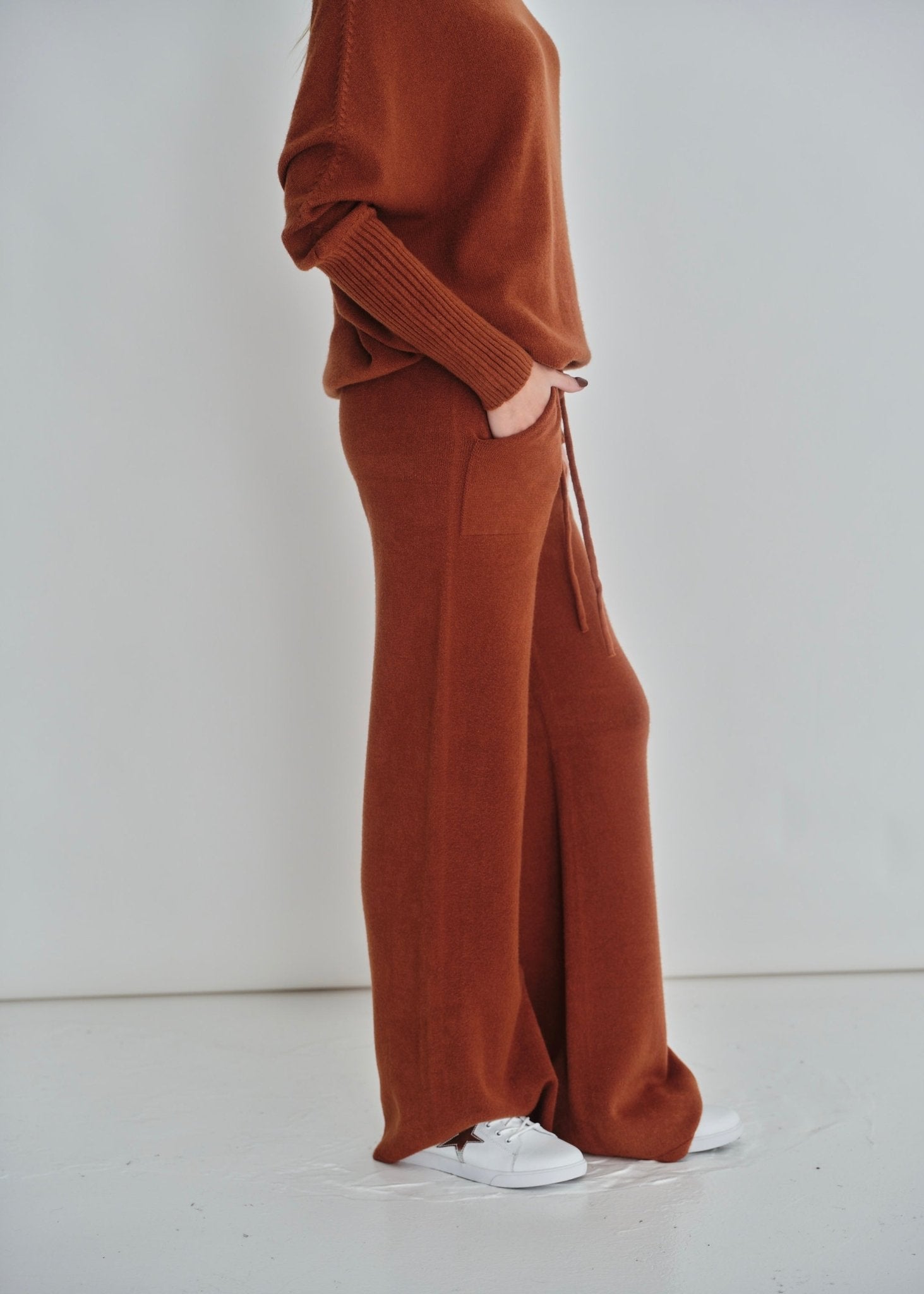 View our Sofia Italian Knitted Palazzo Knit Pants In Tobacco - by Tribute Store