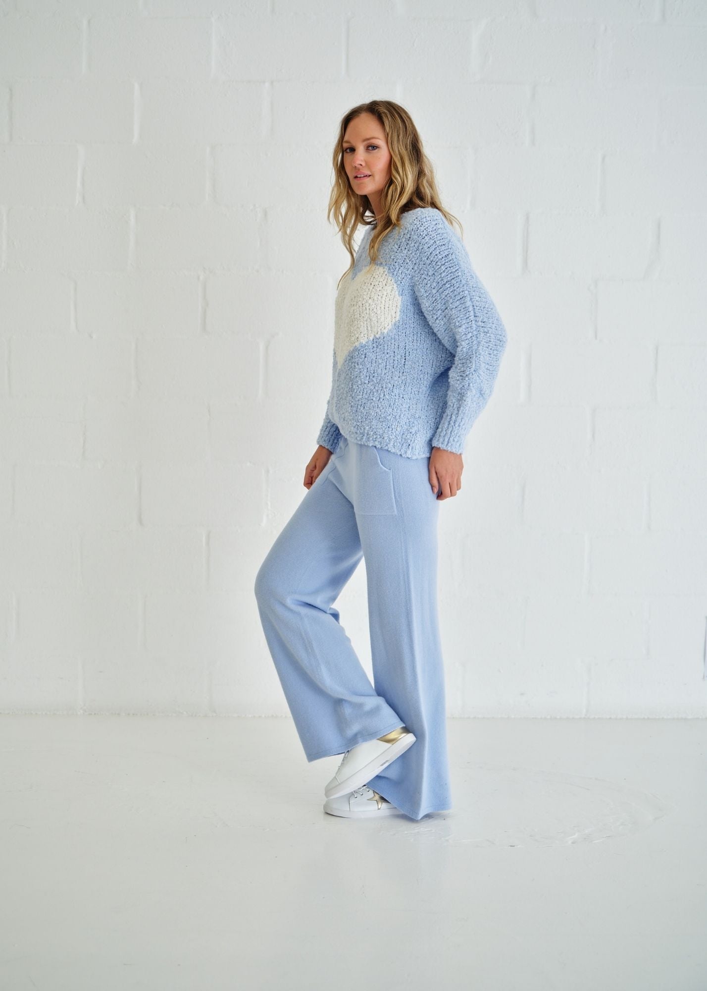 View our Sofia Italian Knitted Palazzo Pants In Light Blue - by Tribute Store