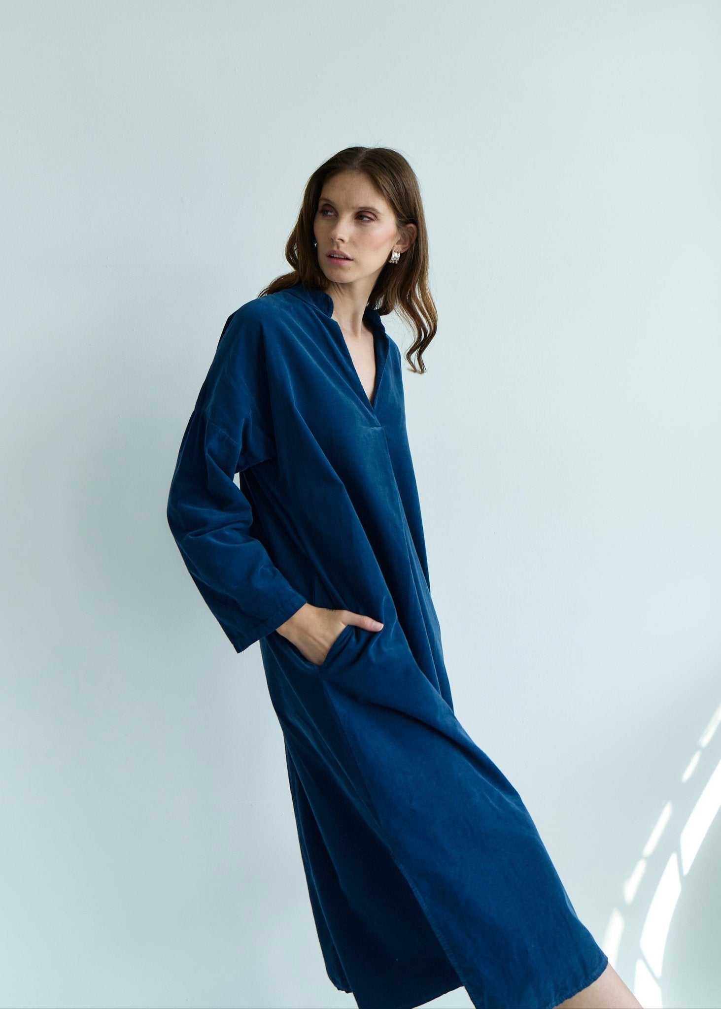 View our Stella Italian Velour Deep V Neck Dress in Dark Blue Marine - by Tribute Store