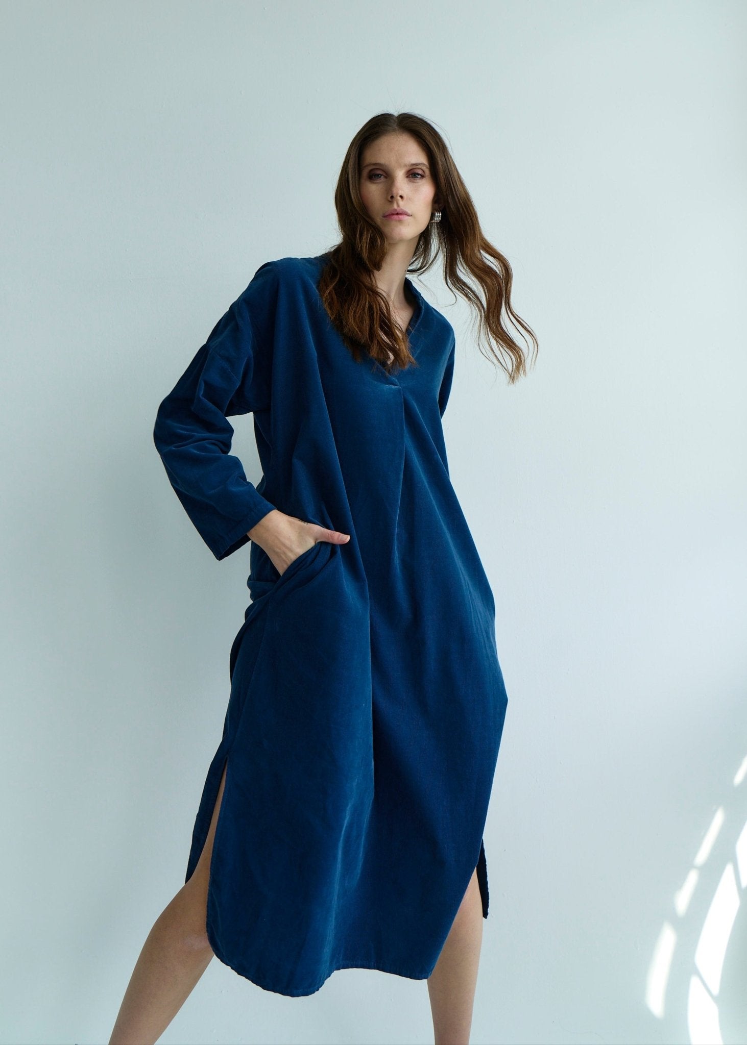 View our Stella Italian Velour Deep V Neck Dress in Dark Blue Marine - by Tribute Store