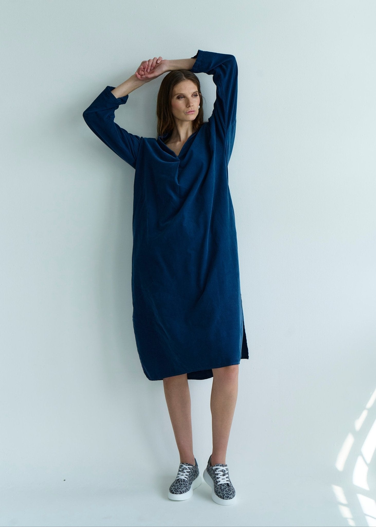 View our Stella Italian Velour Deep V Neck Dress in Dark Blue Marine - by Tribute Store