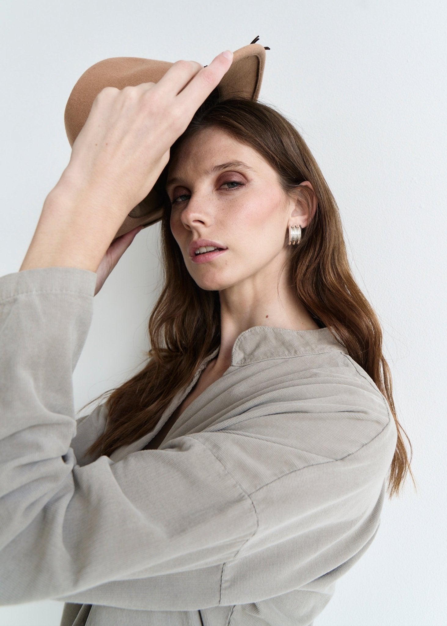 View our Stella Italian Velour Deep V Neck Dress in Taupe - by Tribute Store