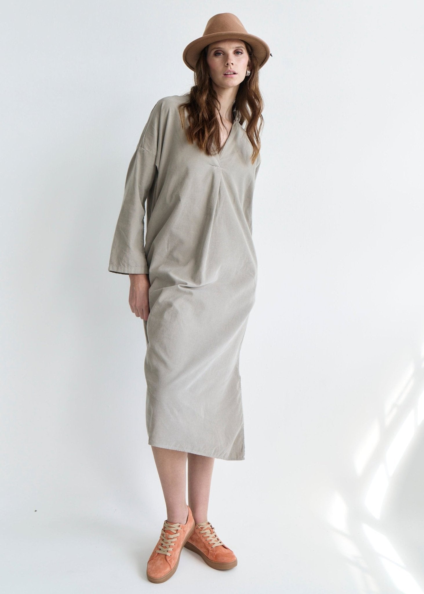 View our Stella Italian Velour Deep V Neck Dress in Taupe - by Tribute Store