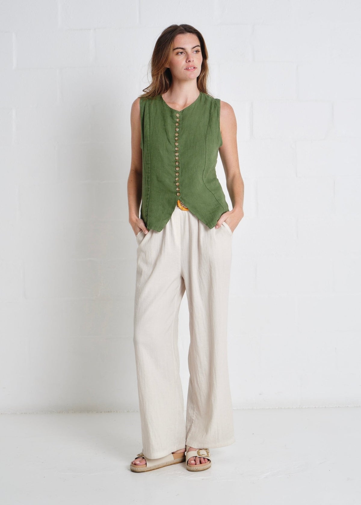 View our Sydney Linen Waistcoat In Olive - by Tribute Store