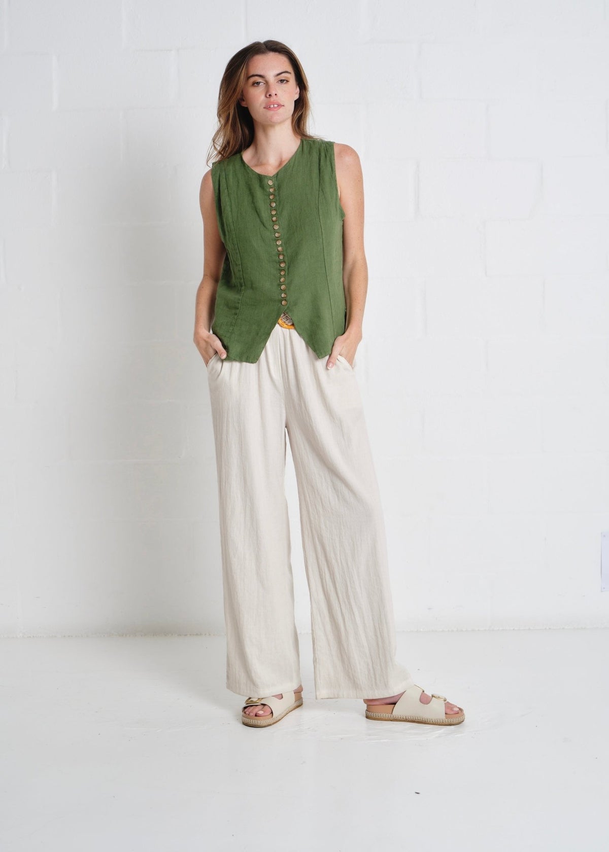 View our Sydney Linen Waistcoat In Olive - by Tribute Store