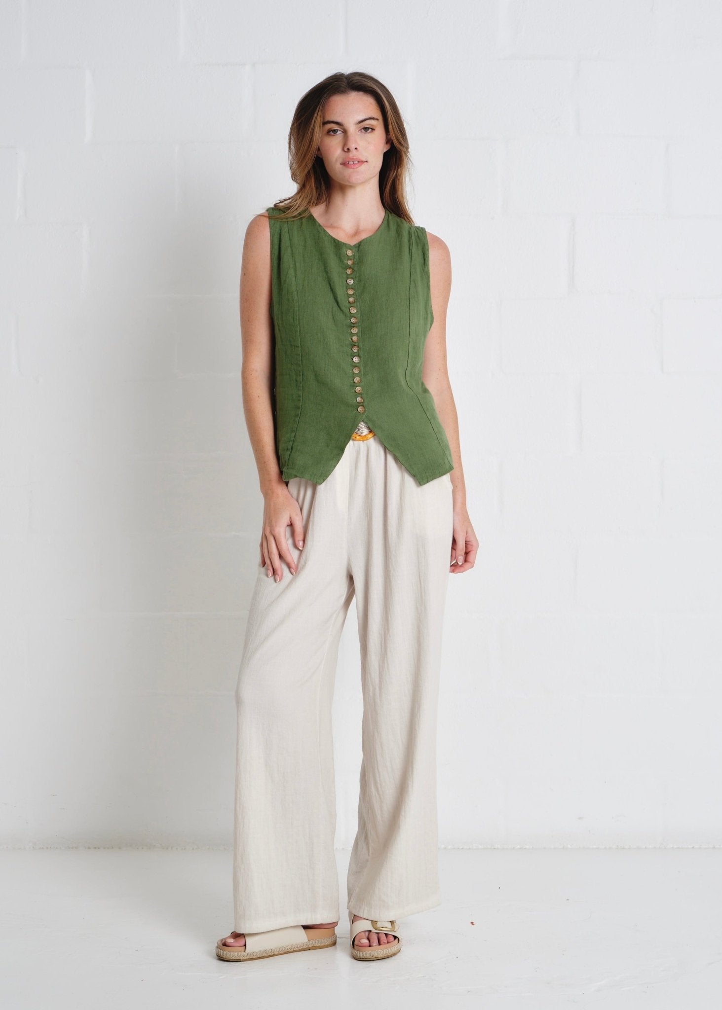 View our Sydney Linen Waistcoat In Olive - by Tribute Store