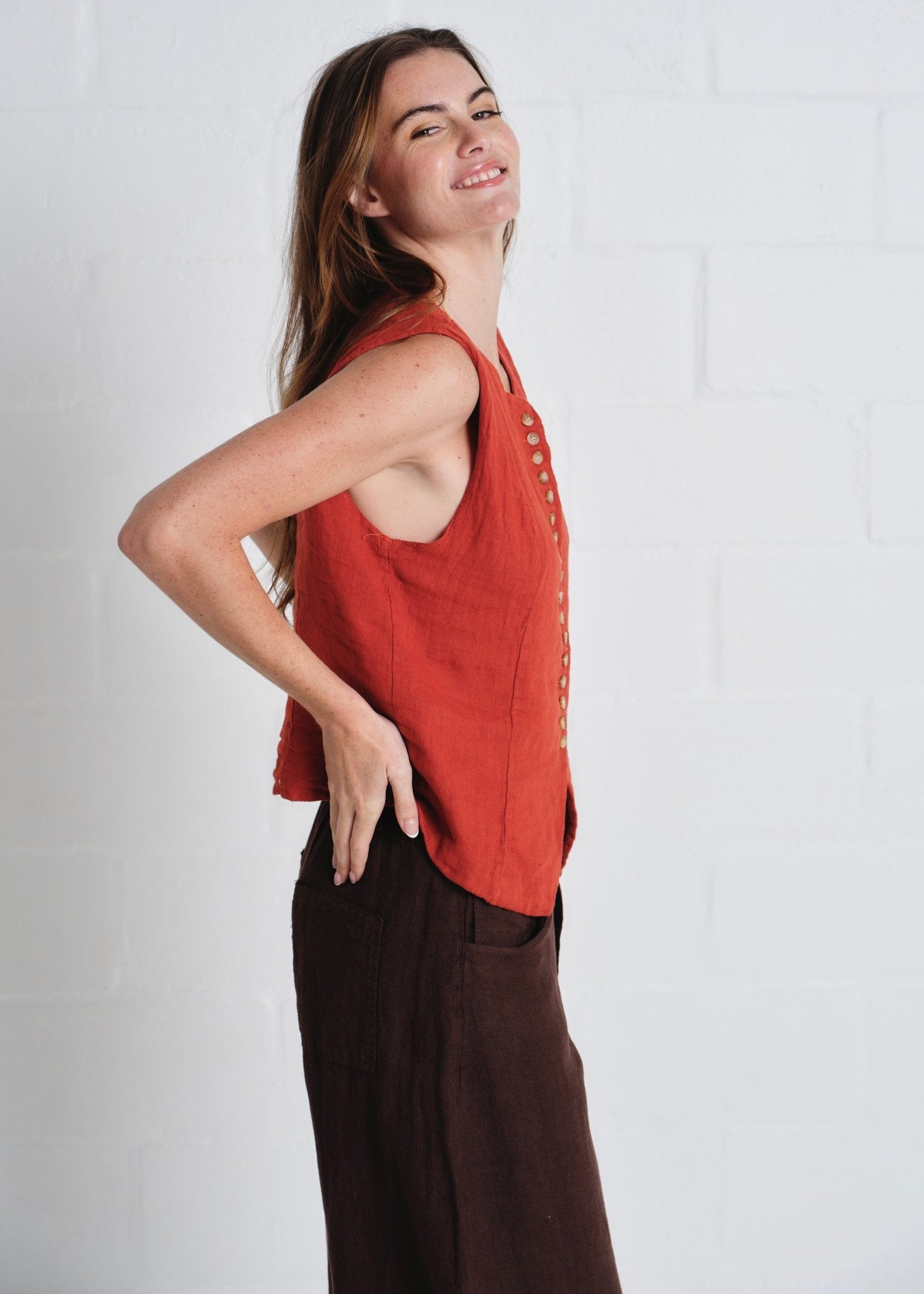 View our Sydney Linen Waistcoat In Rust - by Tribute Store