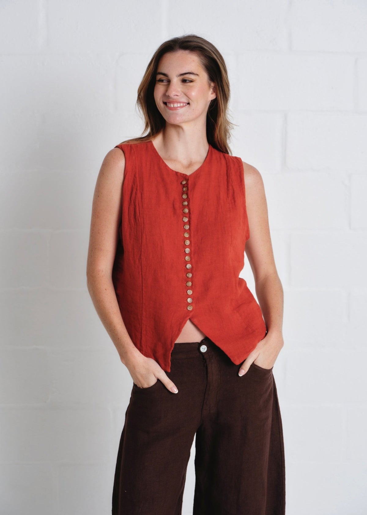 View our Sydney Linen Waistcoat In Rust - by Tribute Store