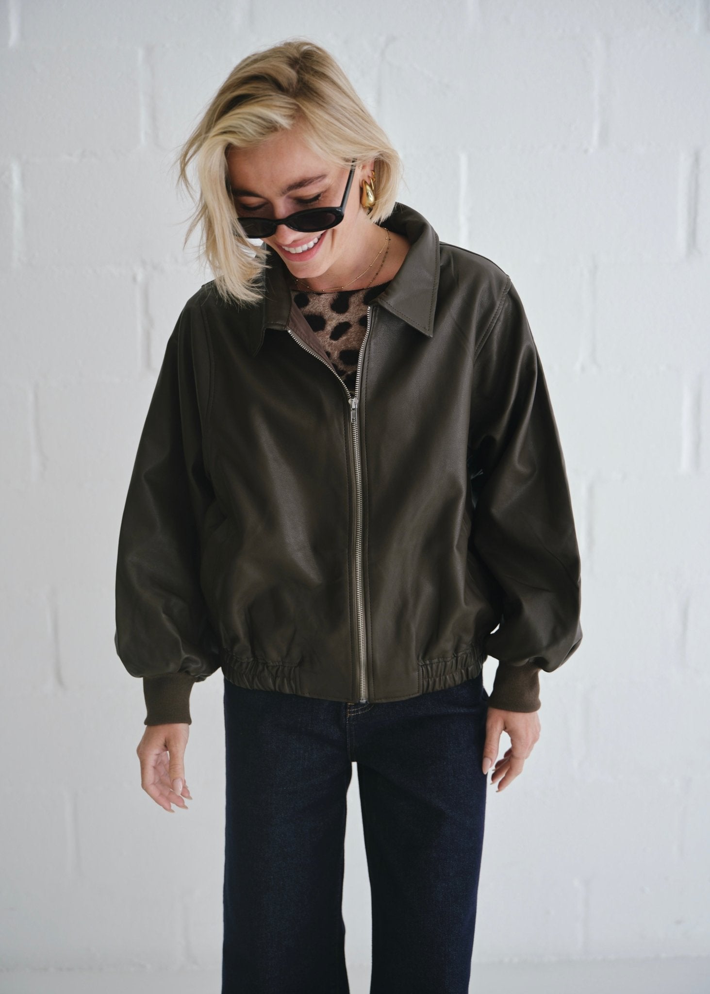 View our The Aria Faux Leather Bomber Jacket In Brown - by Tribute Store