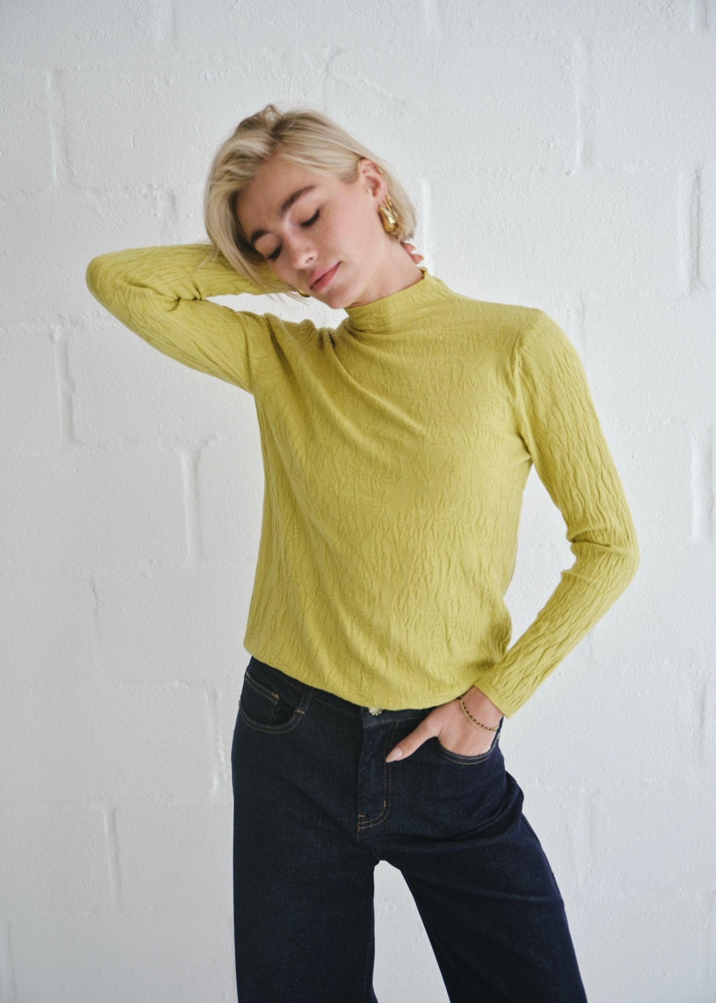 View our The Essential Chartreuse Embossed Turtleneck Knit - by Tribute Store