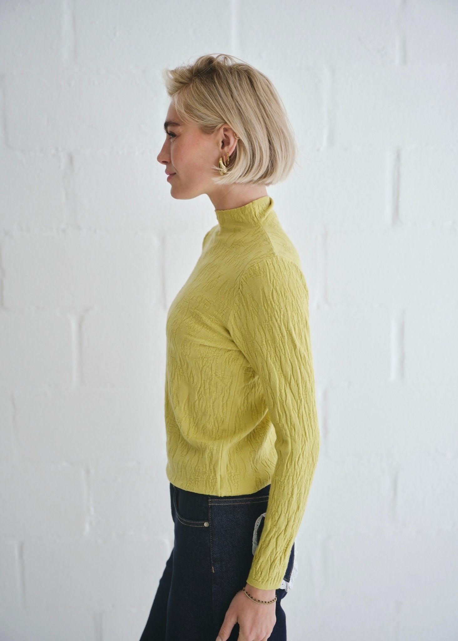 View our The Essential Chartreuse Embossed Turtleneck Knit - by Tribute Store