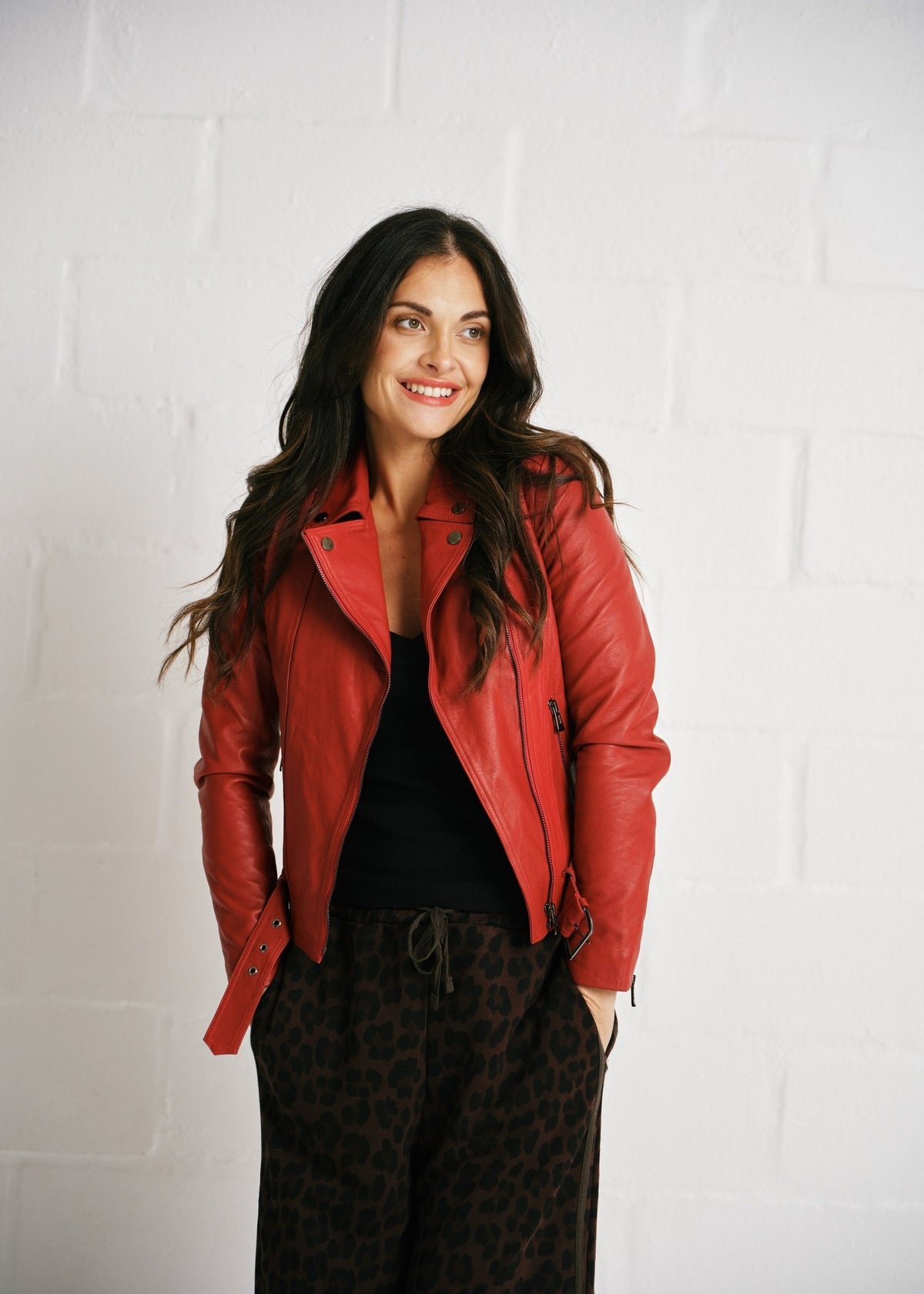 View our The Firestarter Genuine Lambskin Leather Biker Jacket in Red - by Tribute Store