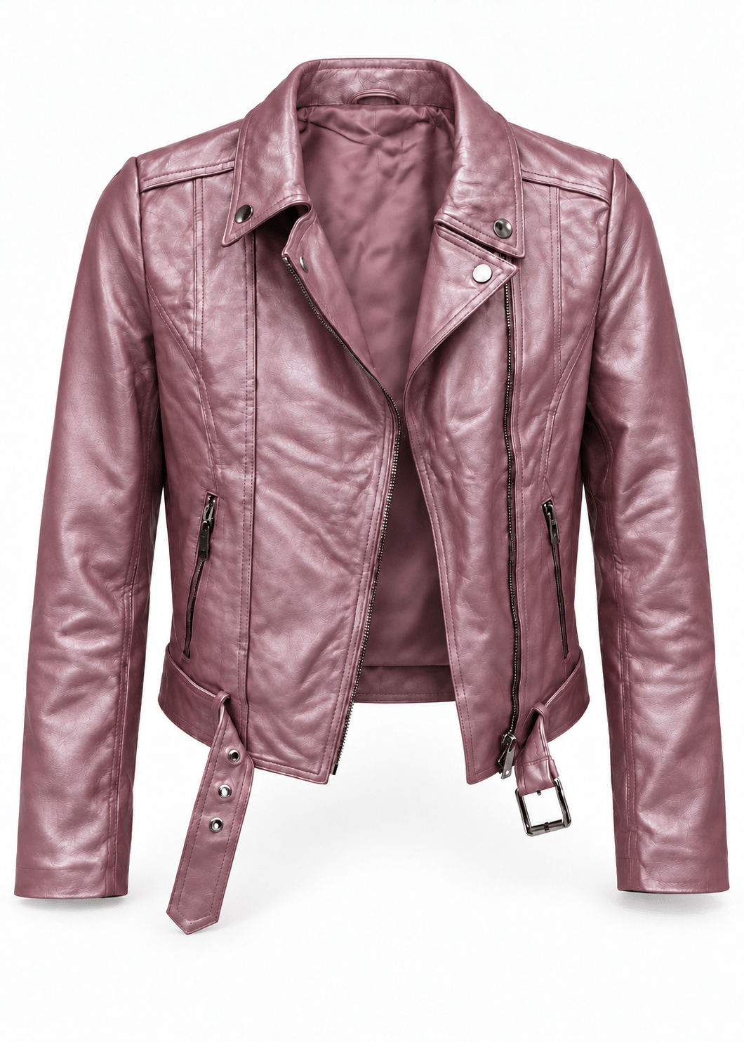 View our The Heartbreaker Genuine Lambskin Leather Biker Jacket in Metallic Pink - by Tribute Store