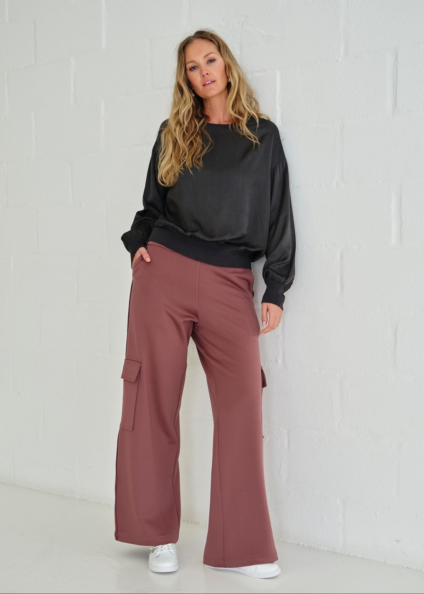 View our The Luxe Wide - Leg Cargo Pants In Purple - by Tribute Store