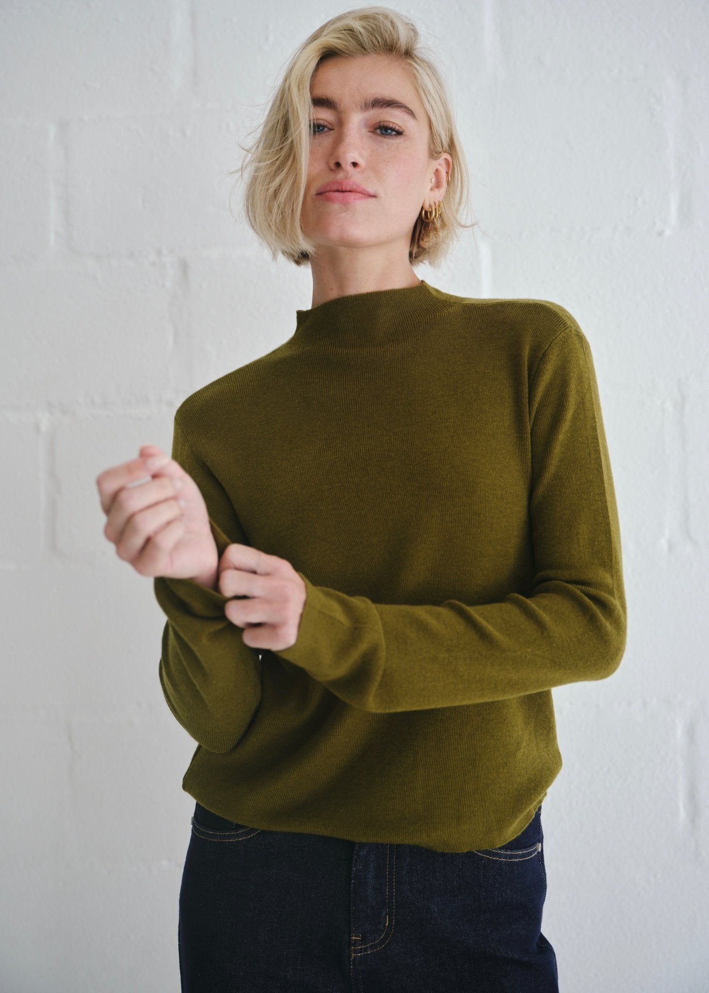 View our The Mock Neck Knit In Khaki - by Tribute Store