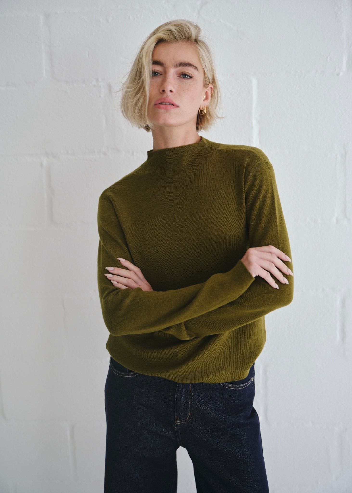 View our The Mock Neck Knit In Khaki - by Tribute Store