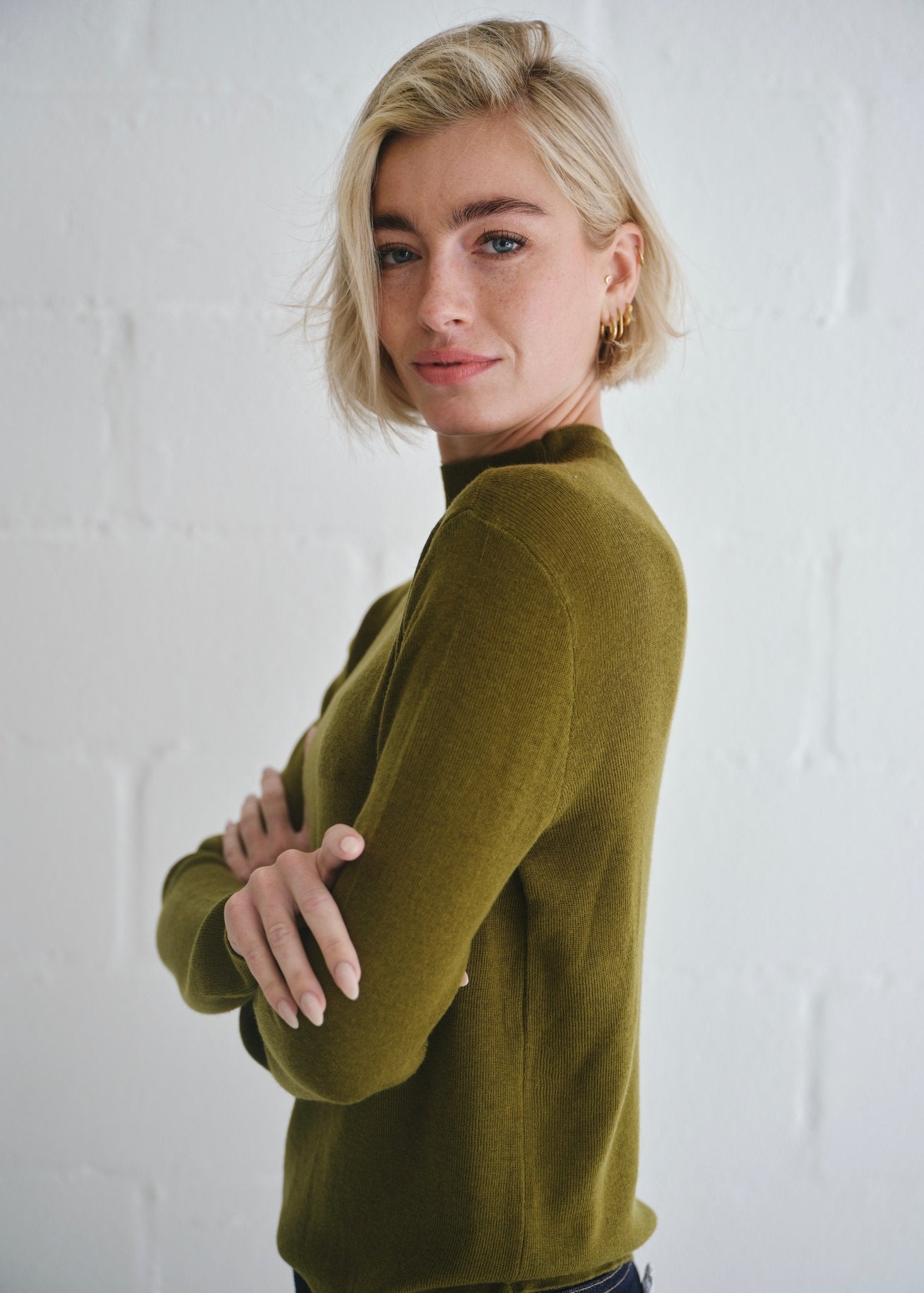 View our The Mock Neck Knit In Khaki - by Tribute Store