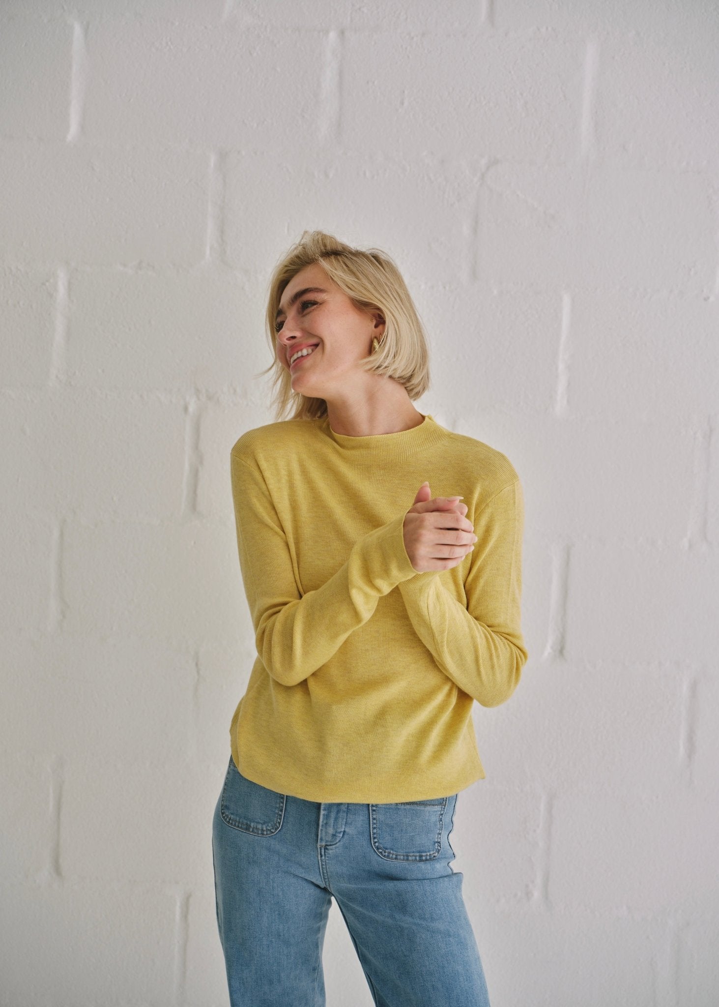 View our The Mock Neck Knit In Mustard - by Tribute Store