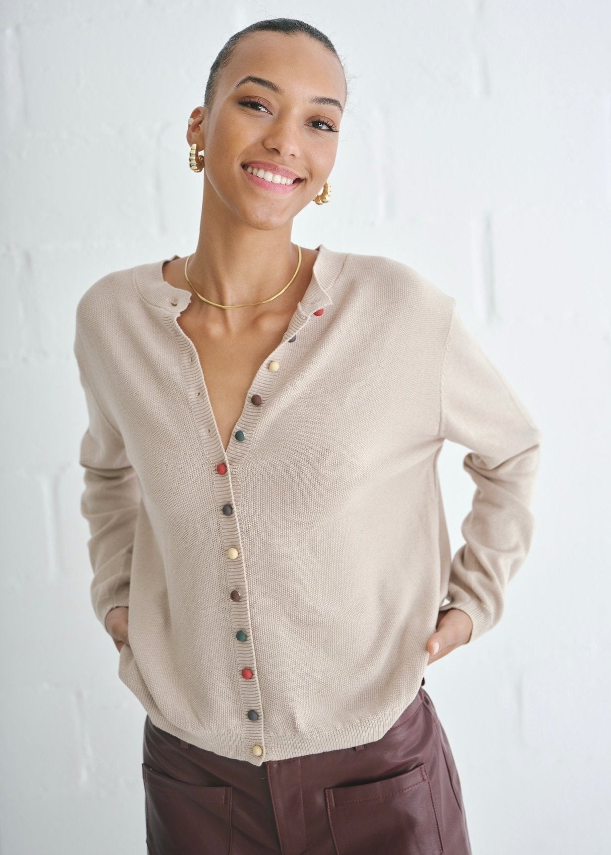 View our The Multi - Button Cardigan In Taupe - by Tribute Store